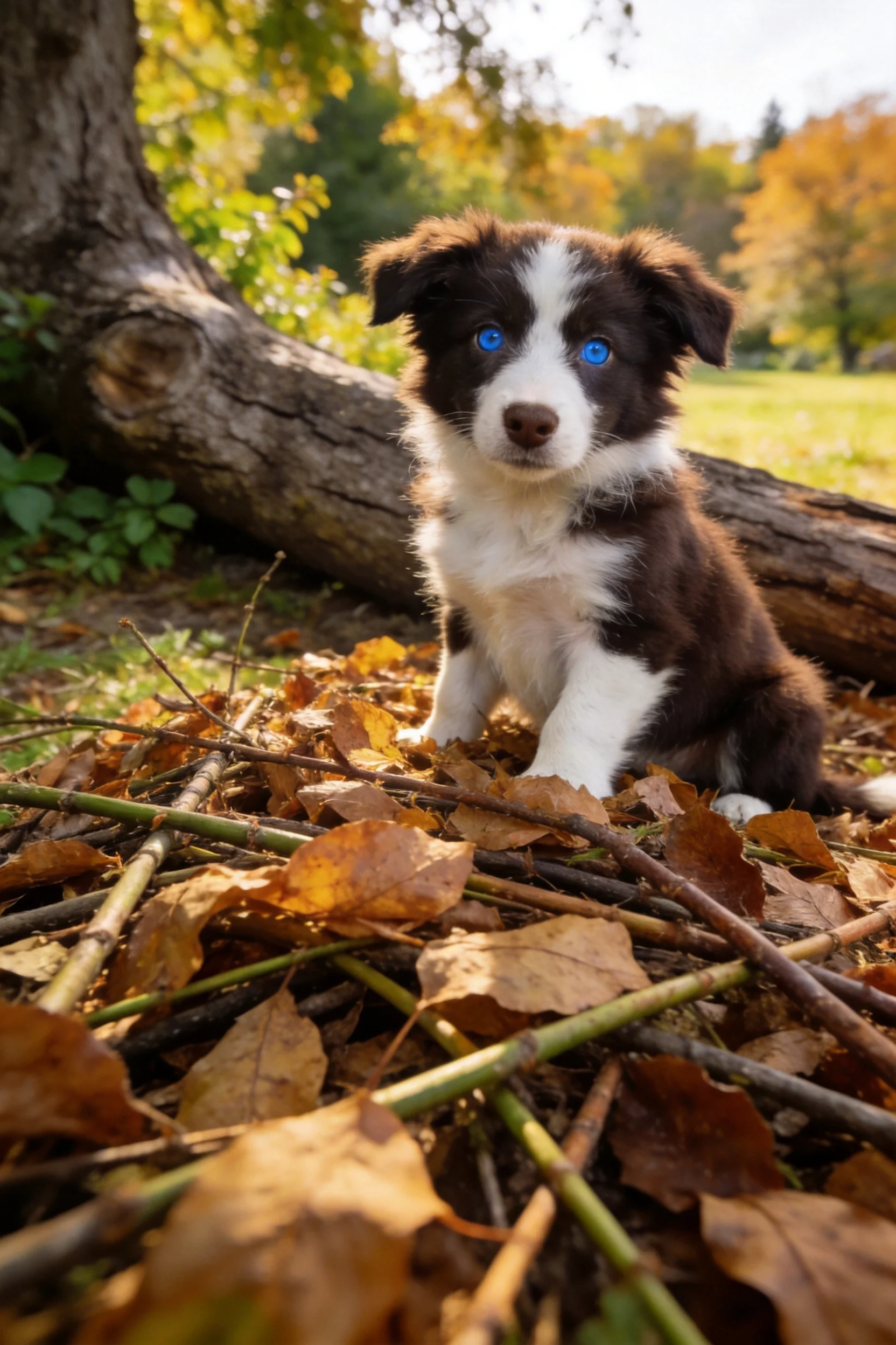 边界牧羊犬幼犬有着明亮的蓝色眼睛,黑白相间的毛发,正安静地坐在落叶间。