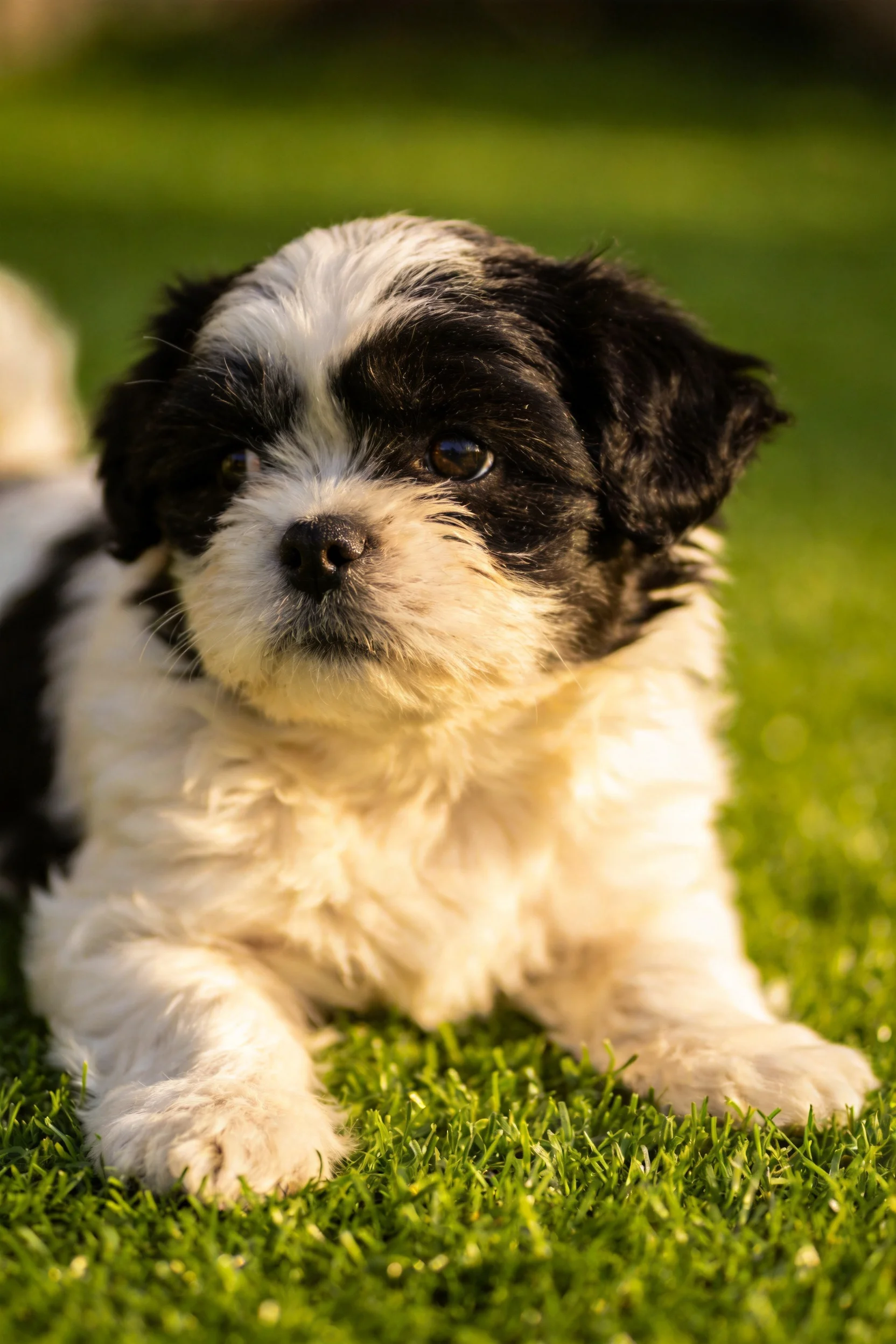 一只黑白毛发的西施犬趴卧在草地上,蓬松柔软的毛发在阳光下显得十分可爱。