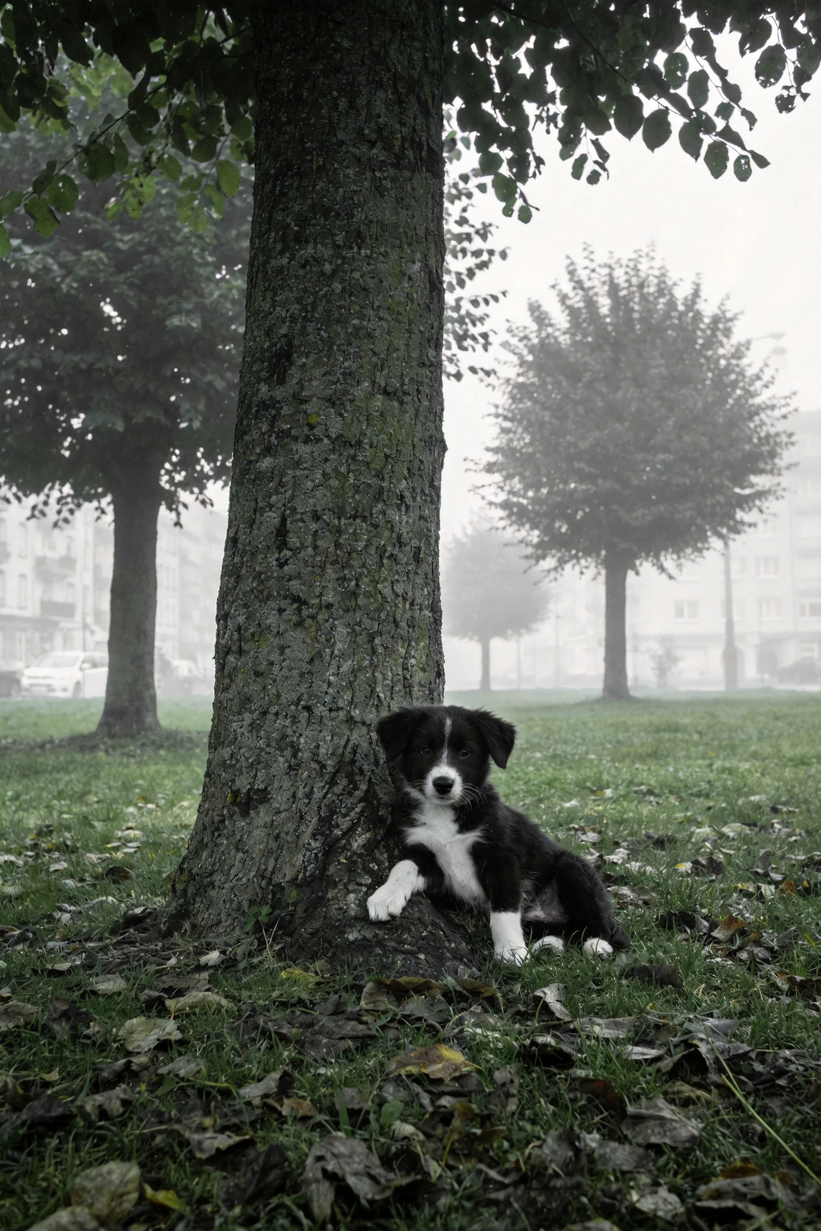 黑白相间的边境牧羊犬幼犬,前爪搭在树干底部,安静地坐在雾气朦胧的公园绿地中。