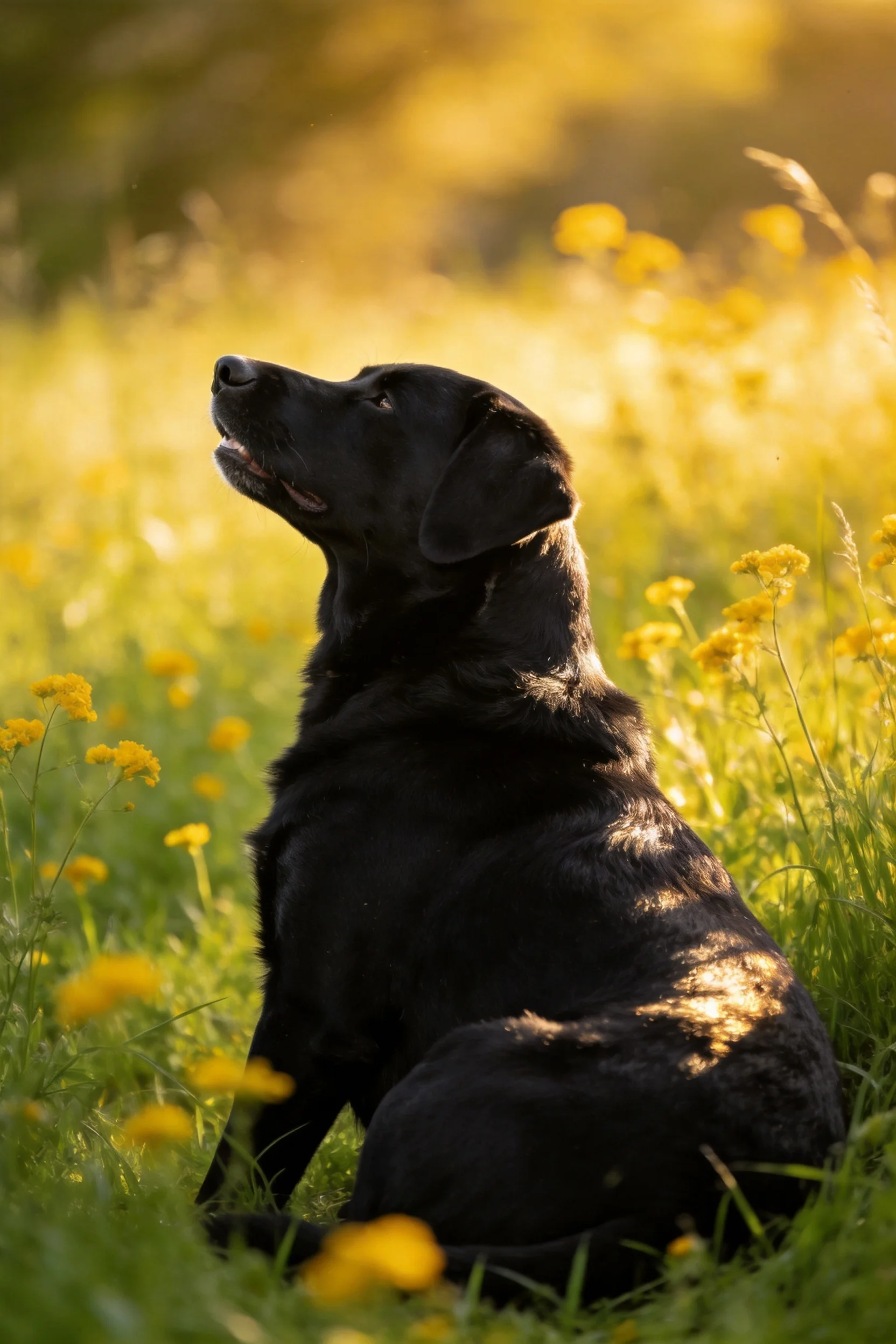 黑色拉布拉多犬抬头望空,黑色的皮毛在阳光照射下清晰可见。