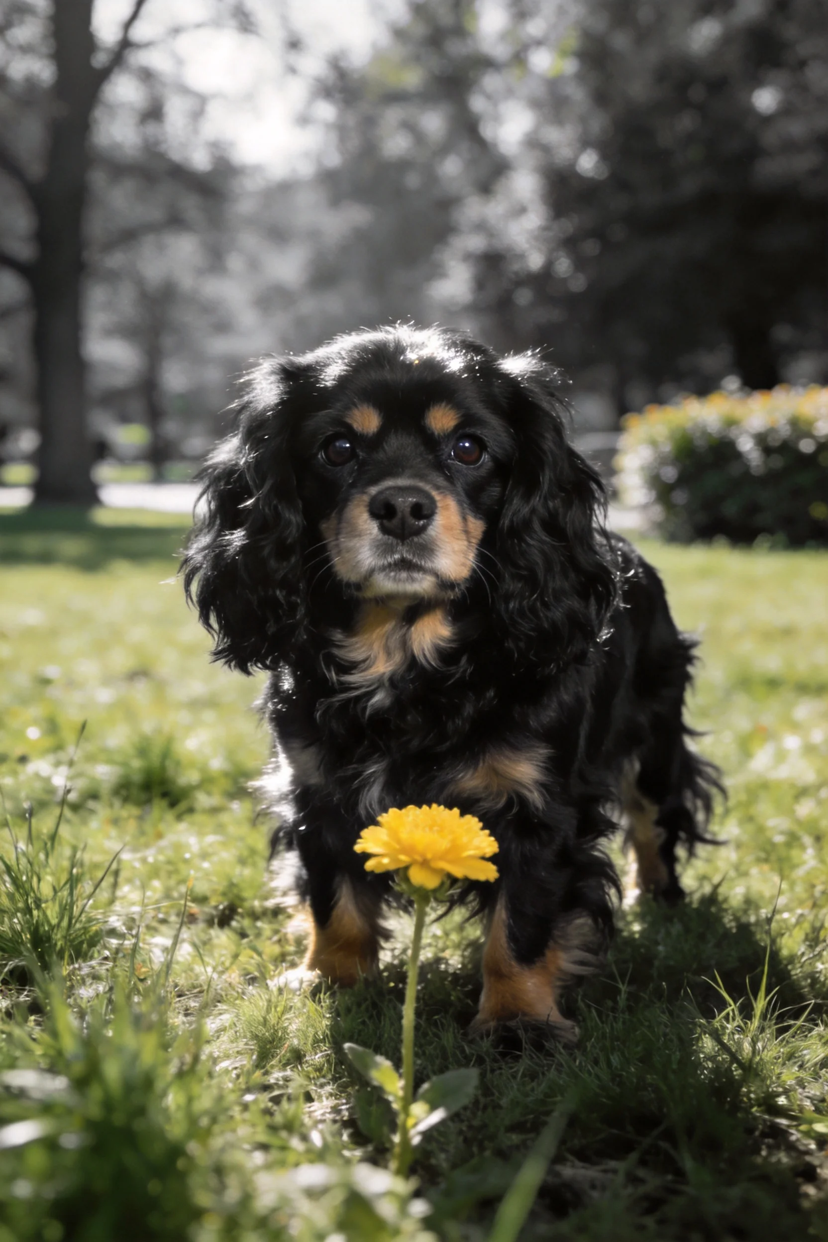可卡犬黑色长卷毛带有浅棕色斑纹,站在草地黄色花朵旁。