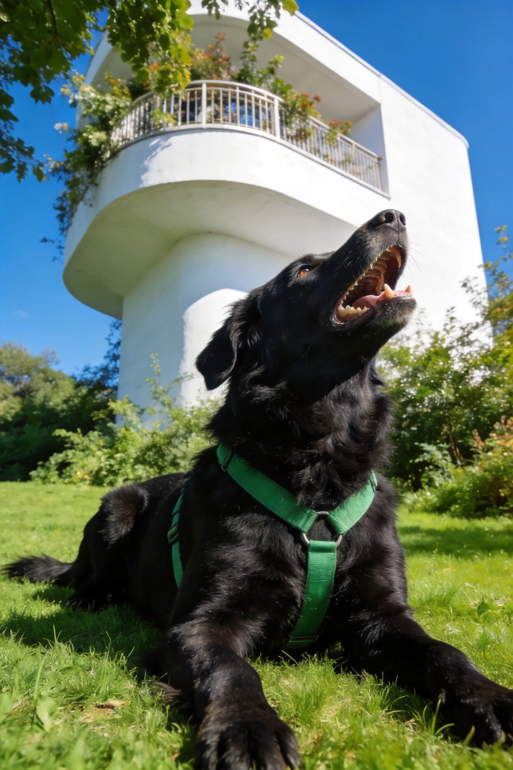 黑色拉布拉多犬仰头张嘴,绿色胸背带清晰可见,皮毛柔软顺滑。