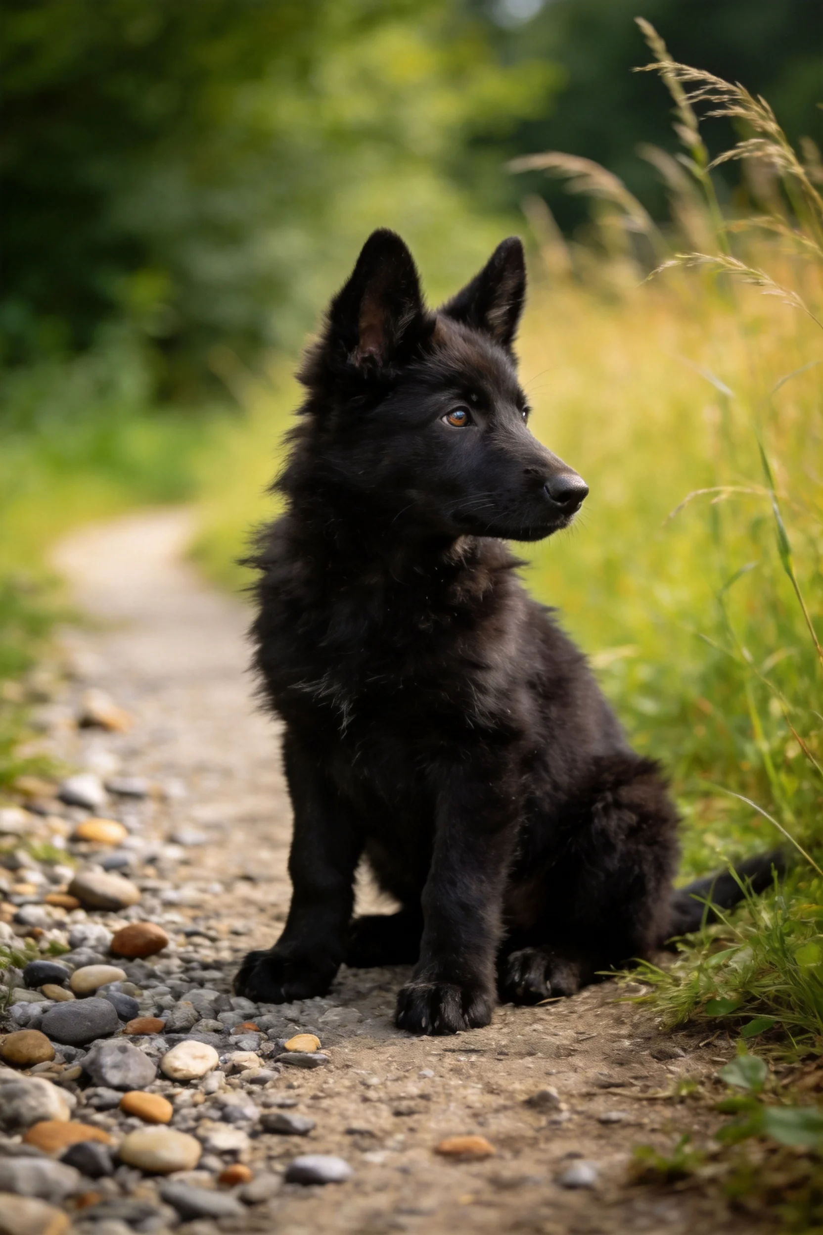 德国牧羊犬幼犬黑色的浓密毛发在光下显得油亮,耳朵竖立着看向一侧。