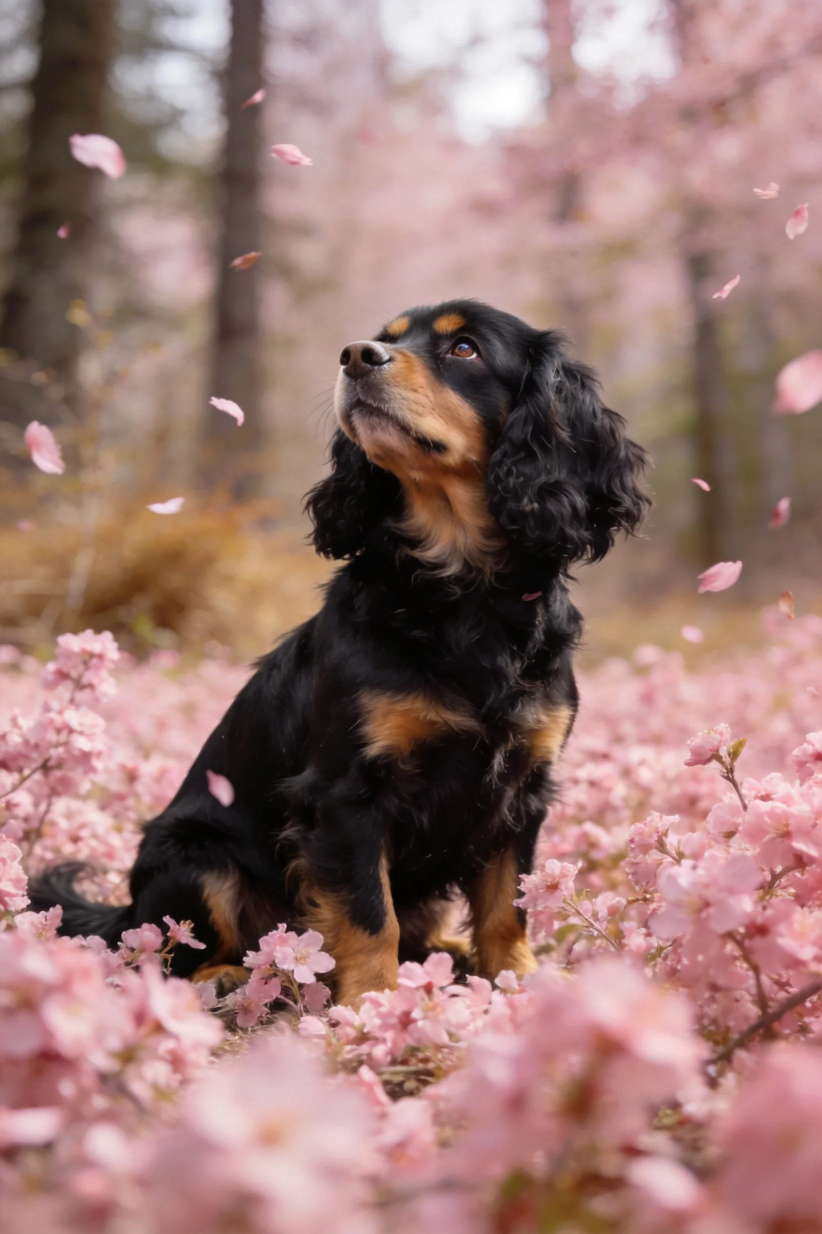 可卡犬抬头凝望空中飘落的粉色樱花瓣，通体黑棕色毛发顺滑有光泽。