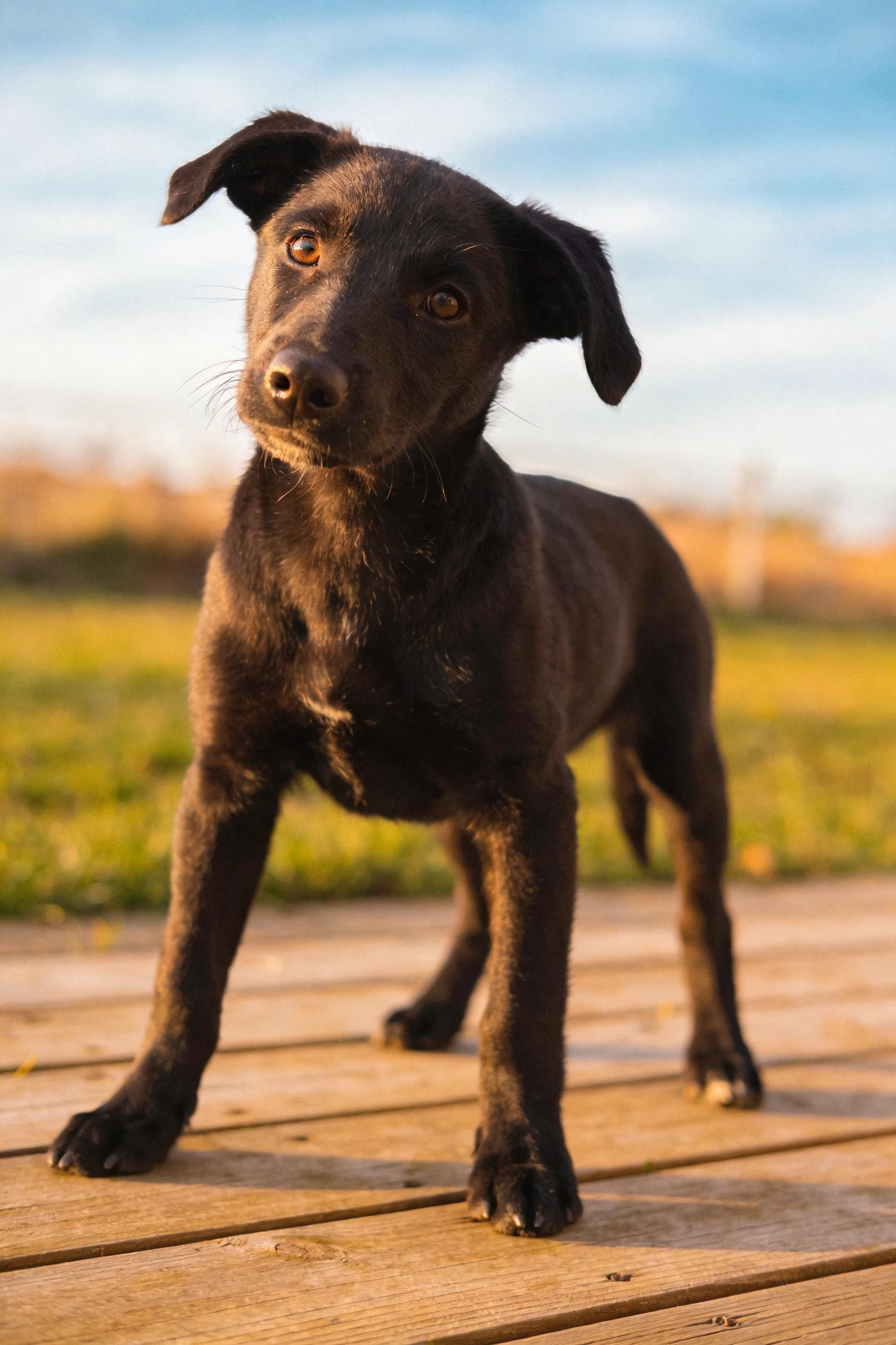 短毛混血犬站在木质平台上,目光专注地注视着前方,黑色的毛发在阳光下清晰可见。