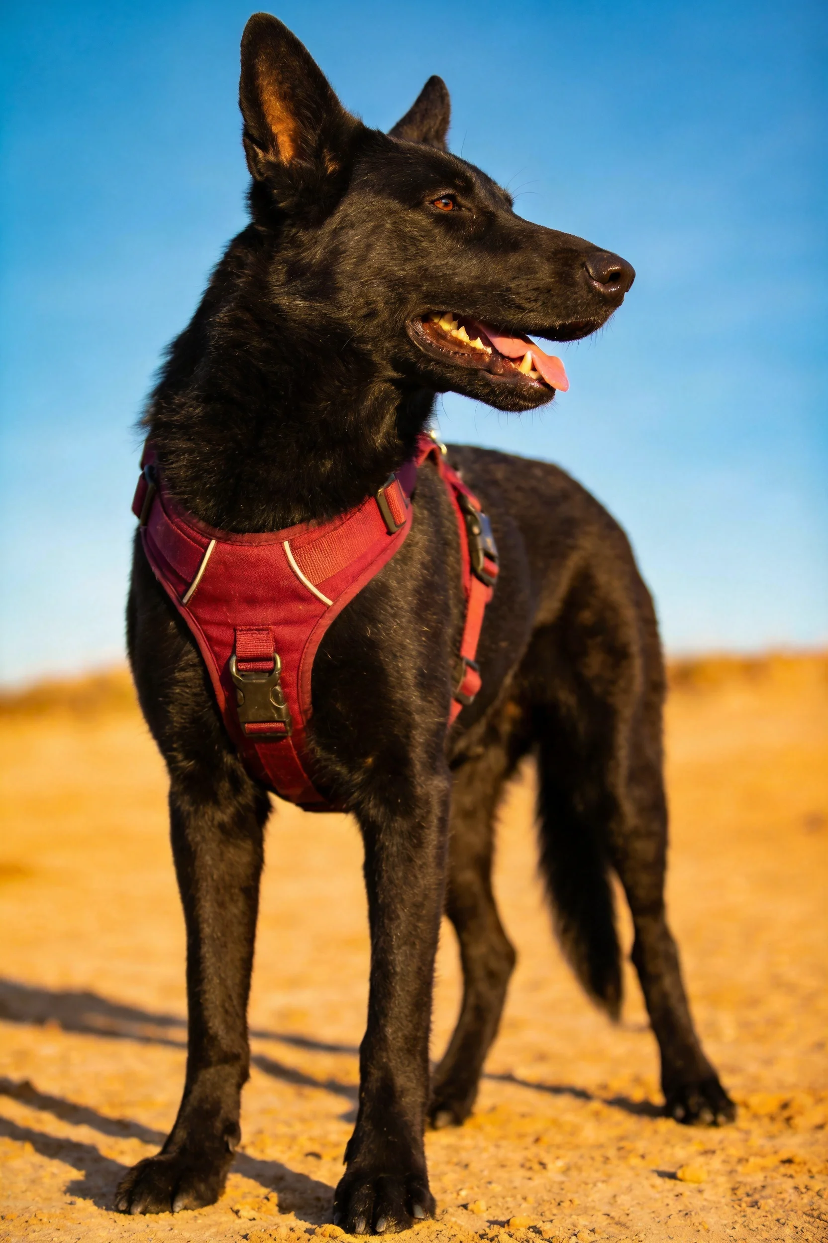 黑色比利时马里努阿犬戴着红色背带,嘴巴张开露出牙齿和粉色舌头,站在沙地上。