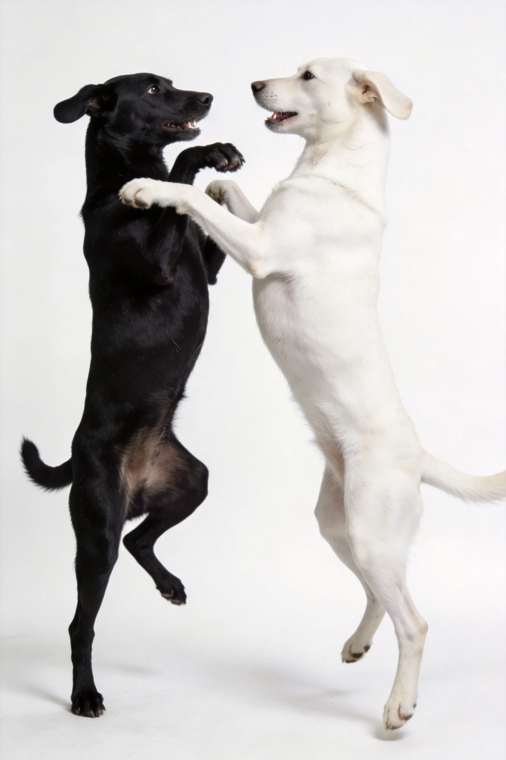 两只混种犬(一黑一白)前爪抬起相互互动,白色狗狗腿部肌肉线条清晰可见。