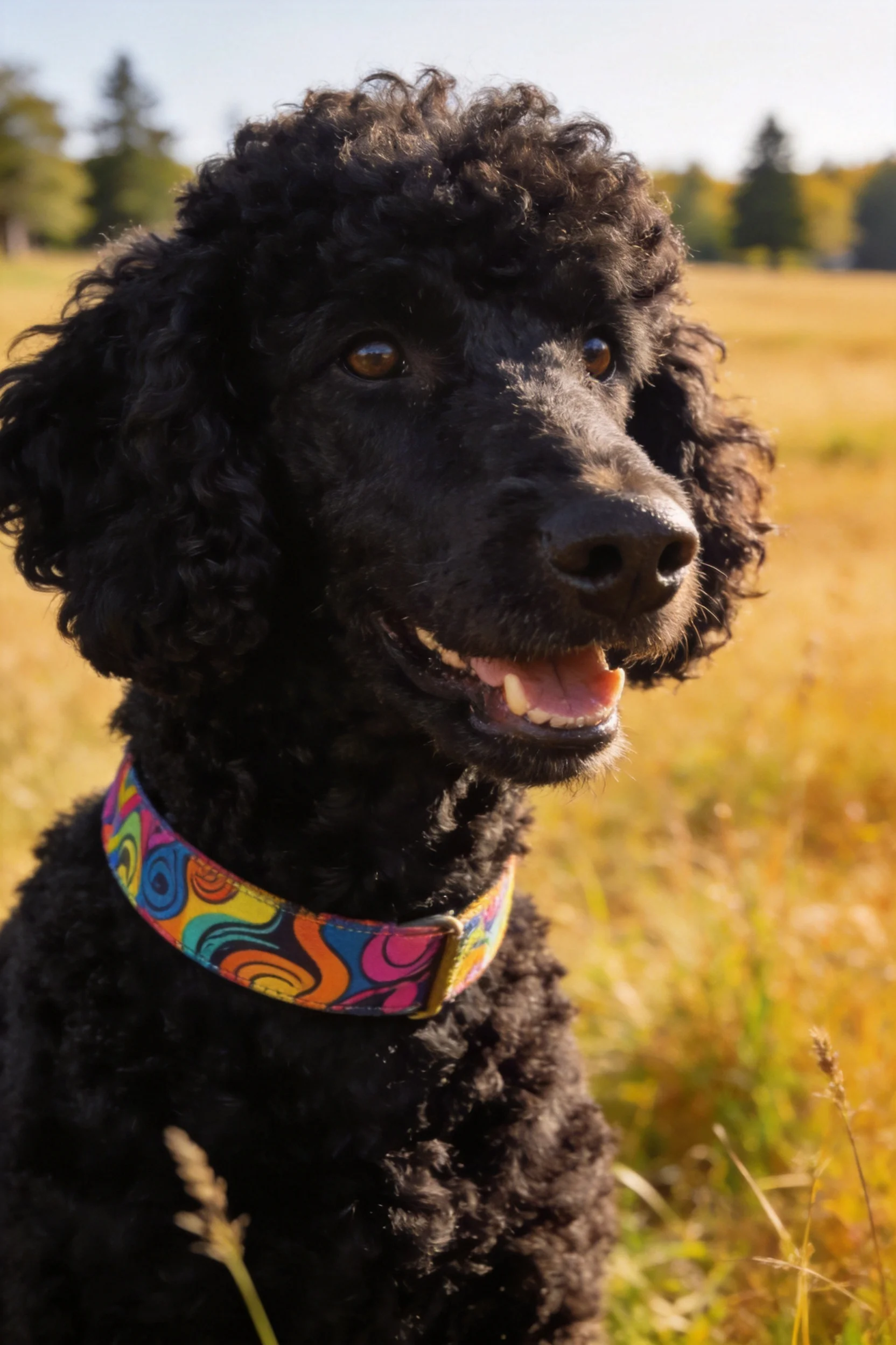 黑色贵宾犬戴着彩色花纹项圈,嘴巴张开露出牙齿,毛发浓密卷曲。