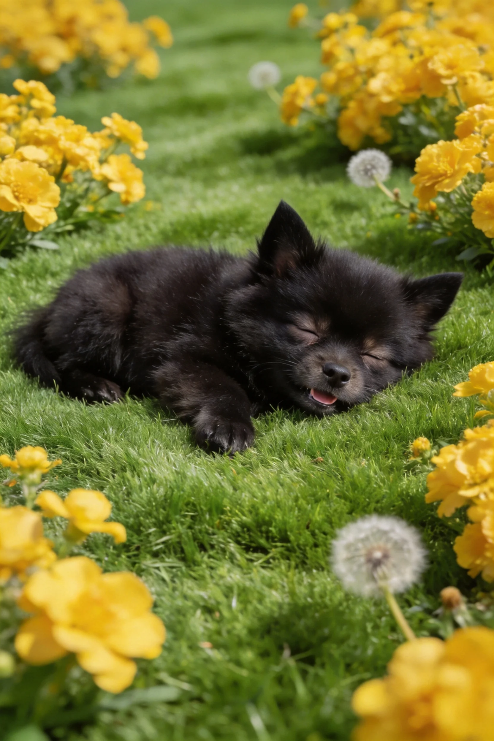 一只黑色的博美幼犬安静地躺着，蓬松的黑色毛发覆盖全身，周围是明黄色的花朵和绿色的草地。