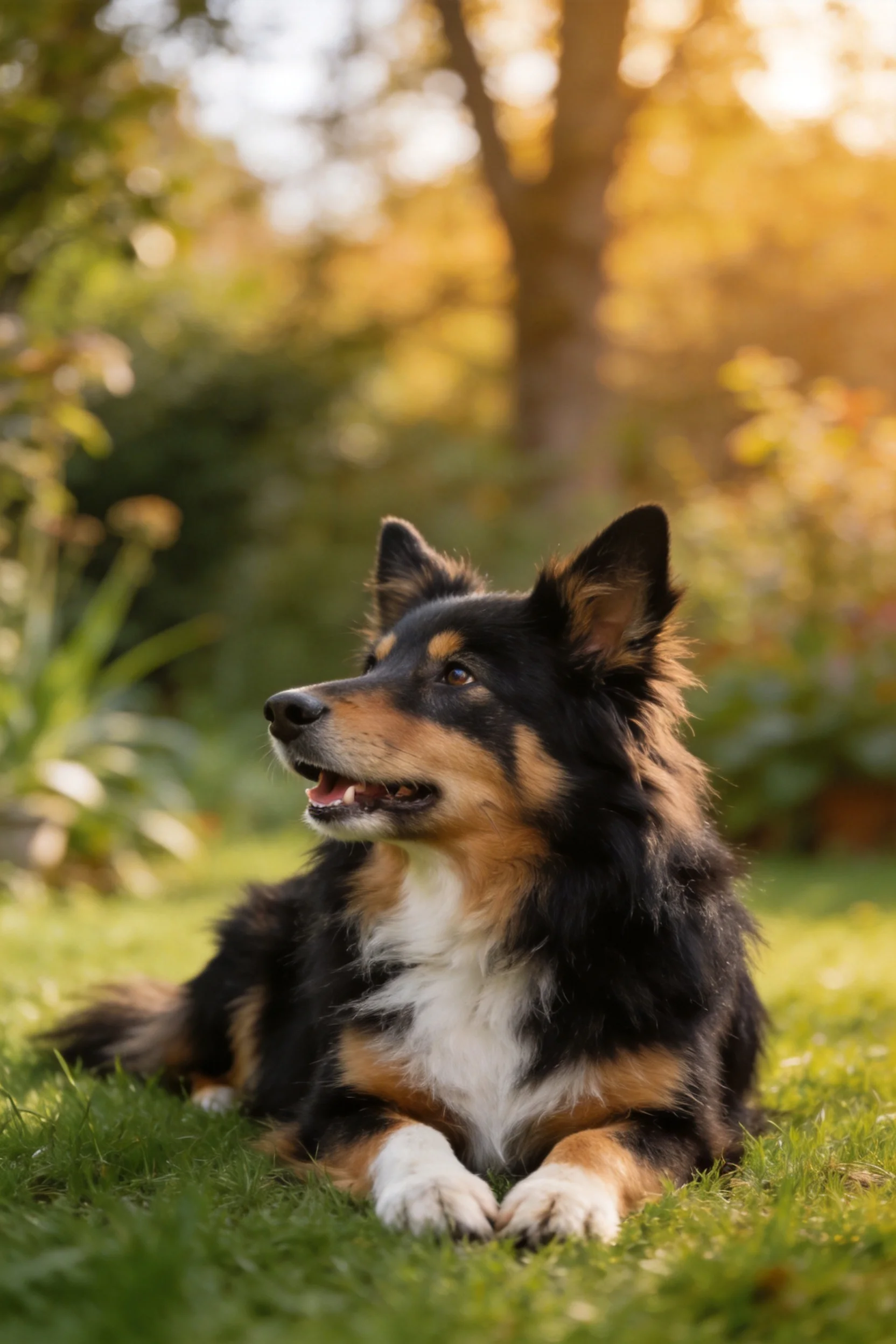 一只三色喜乐蒂犬趴在草地上,黑、棕、白相间的毛发在暖光下显得格外美丽,前爪姿态放松。