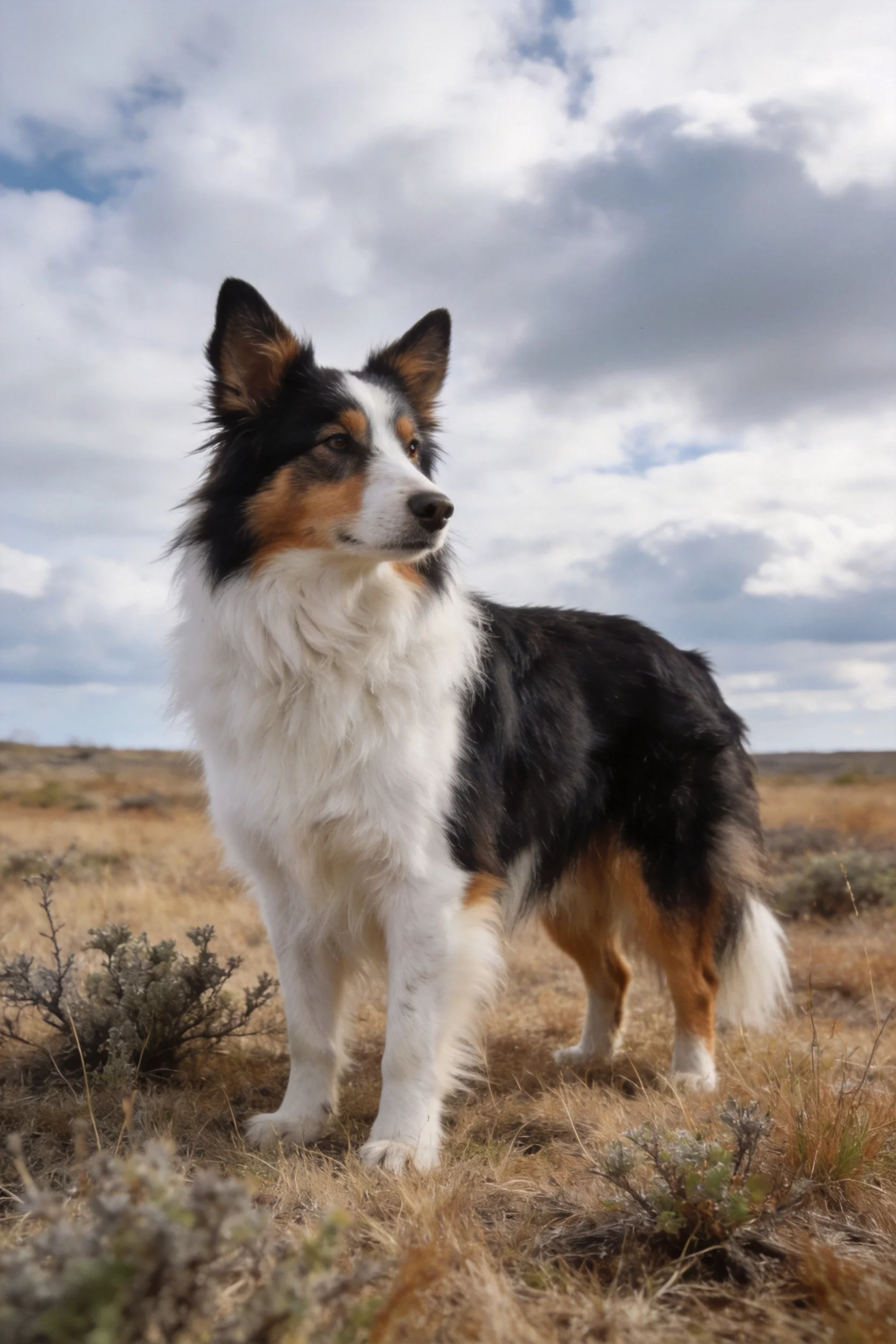三色边境牧羊犬目光专注地看向远方,黑白棕相间的毛发清晰可见。