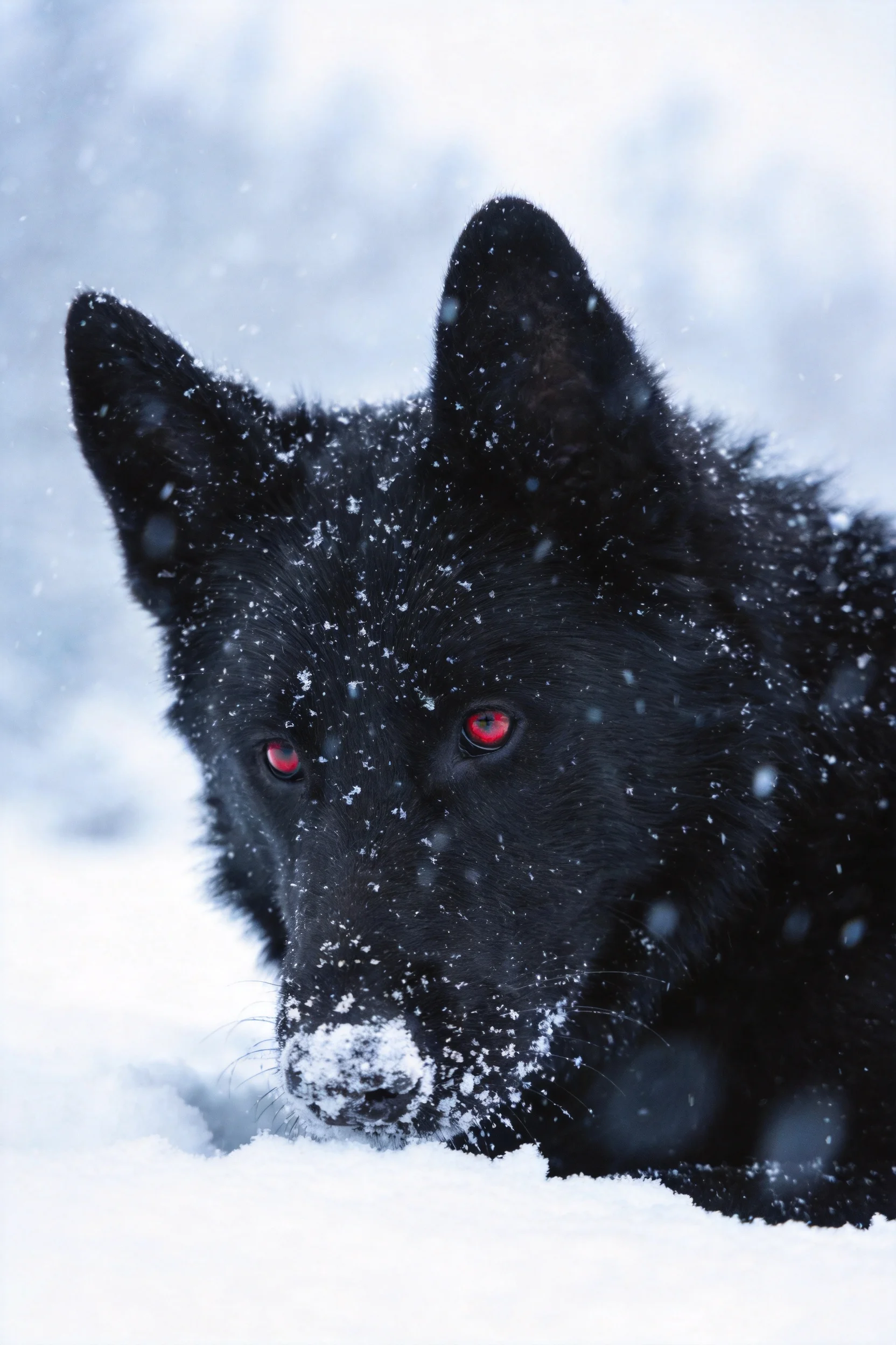 黑德国牧羊犬趴卧在雪地中,红色的眼睛清晰可见,黑色的毛发沾有雪花。