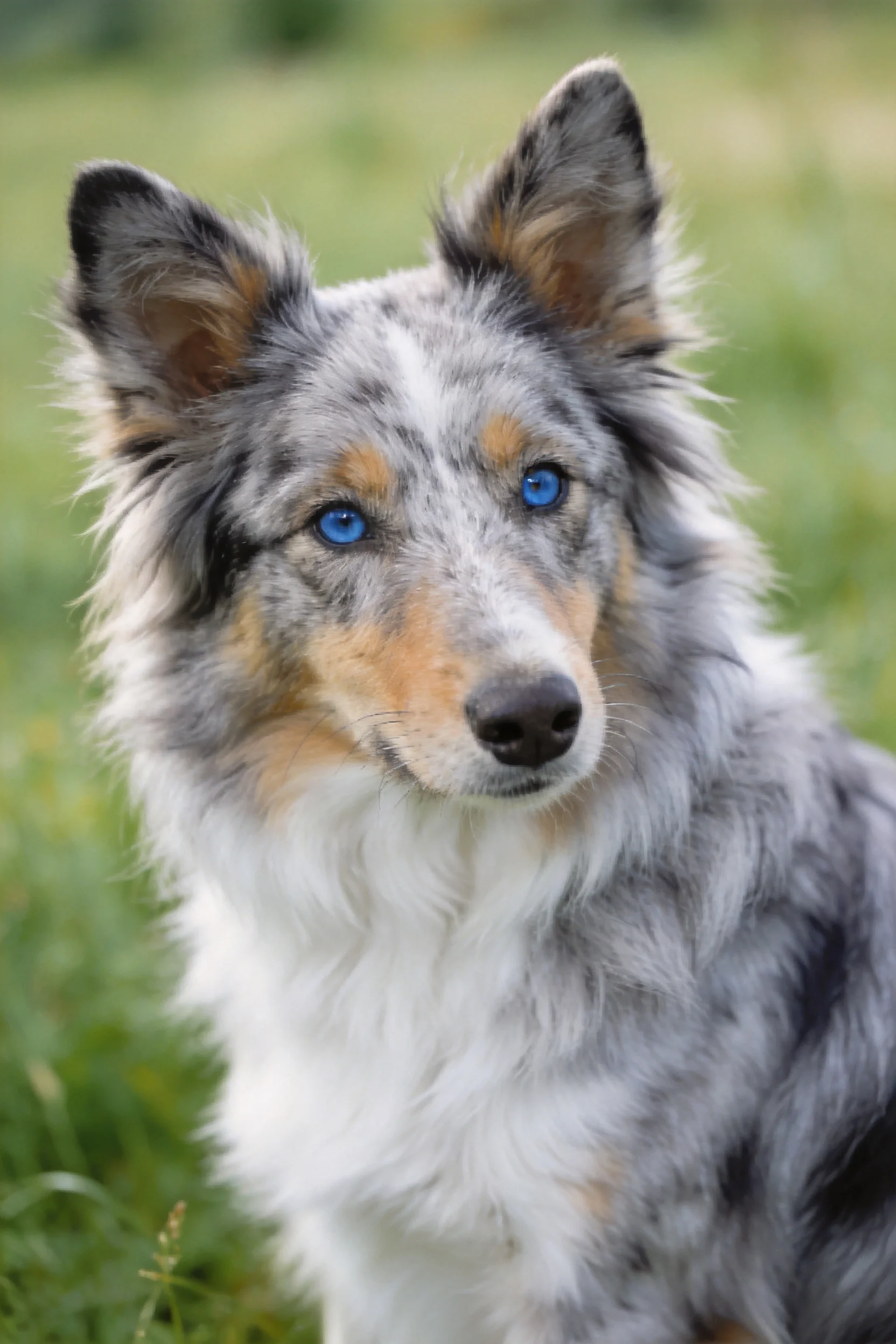 一只蓝眼睛的澳大利亚牧羊犬,有着灰色、白色和浅棕色相间的毛发,眼神专注地注视着镜头方向。