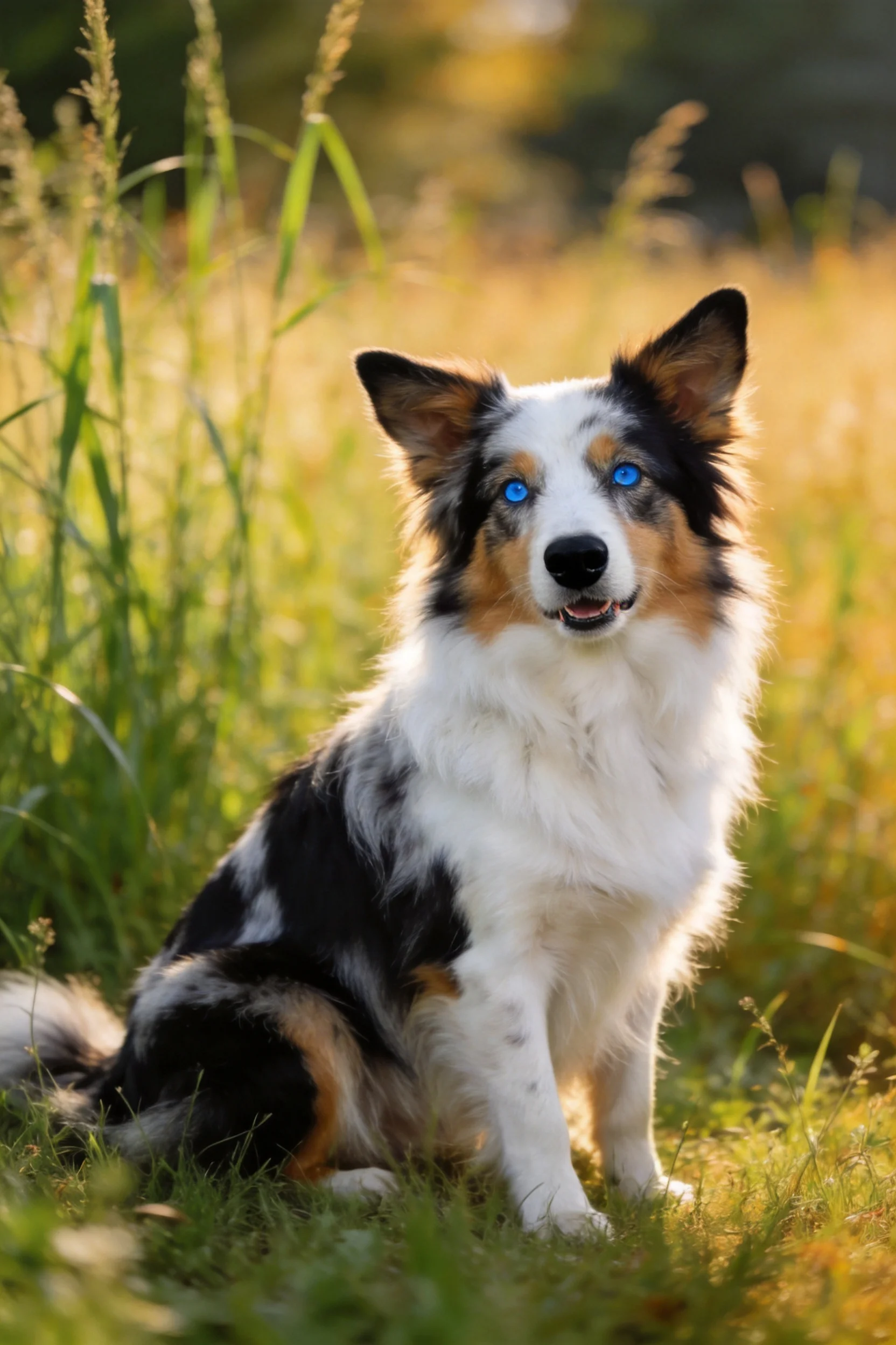 澳大利亚牧羊犬安静坐着,蓝眼睛明亮,蓬松毛发在阳光照射下,周围环绕着高大野草。