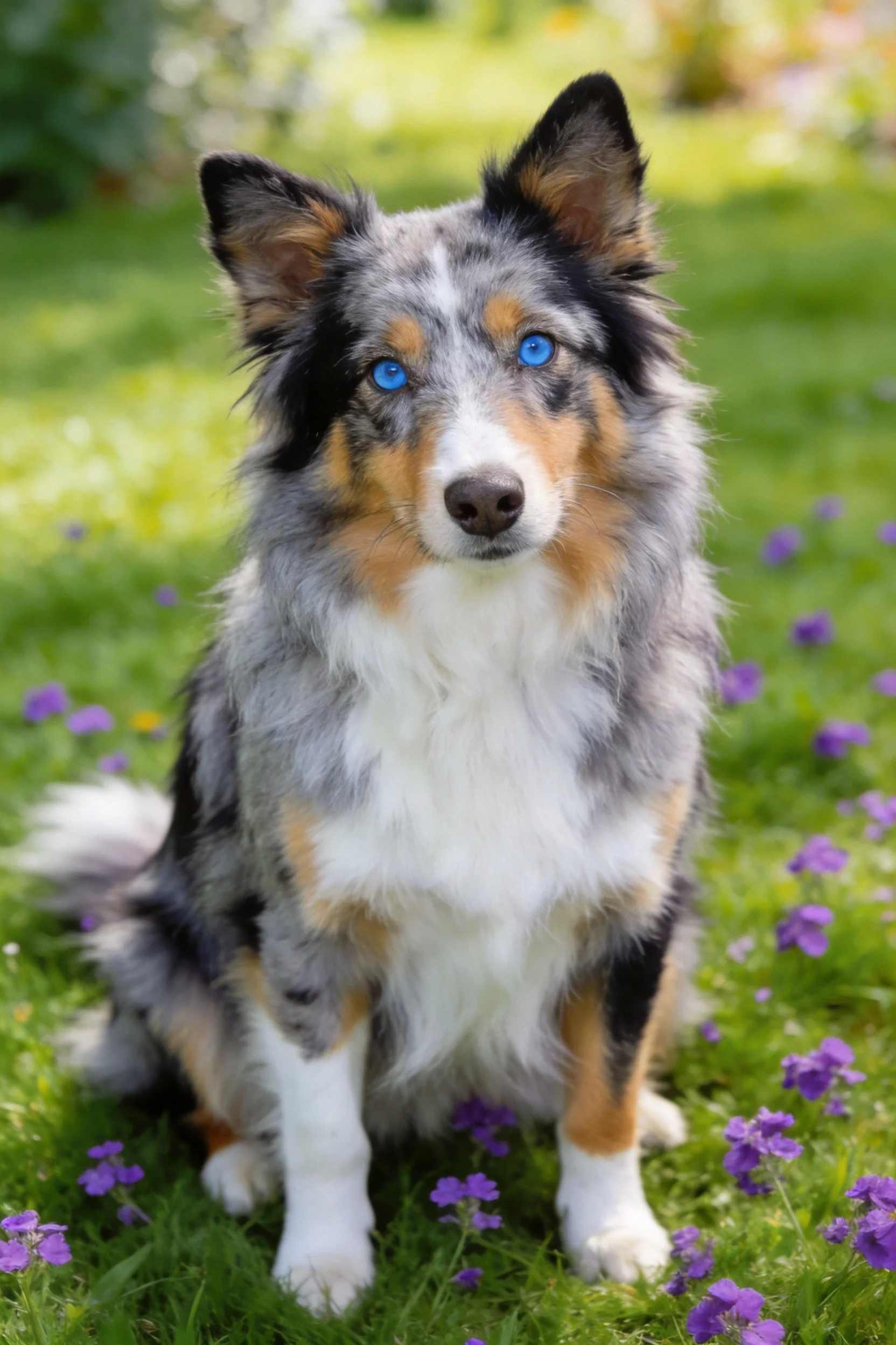 澳大利亚牧牛犬有着蓝色的眼睛和蓬松的三色被毛,正安静地坐在花草间的草地上。