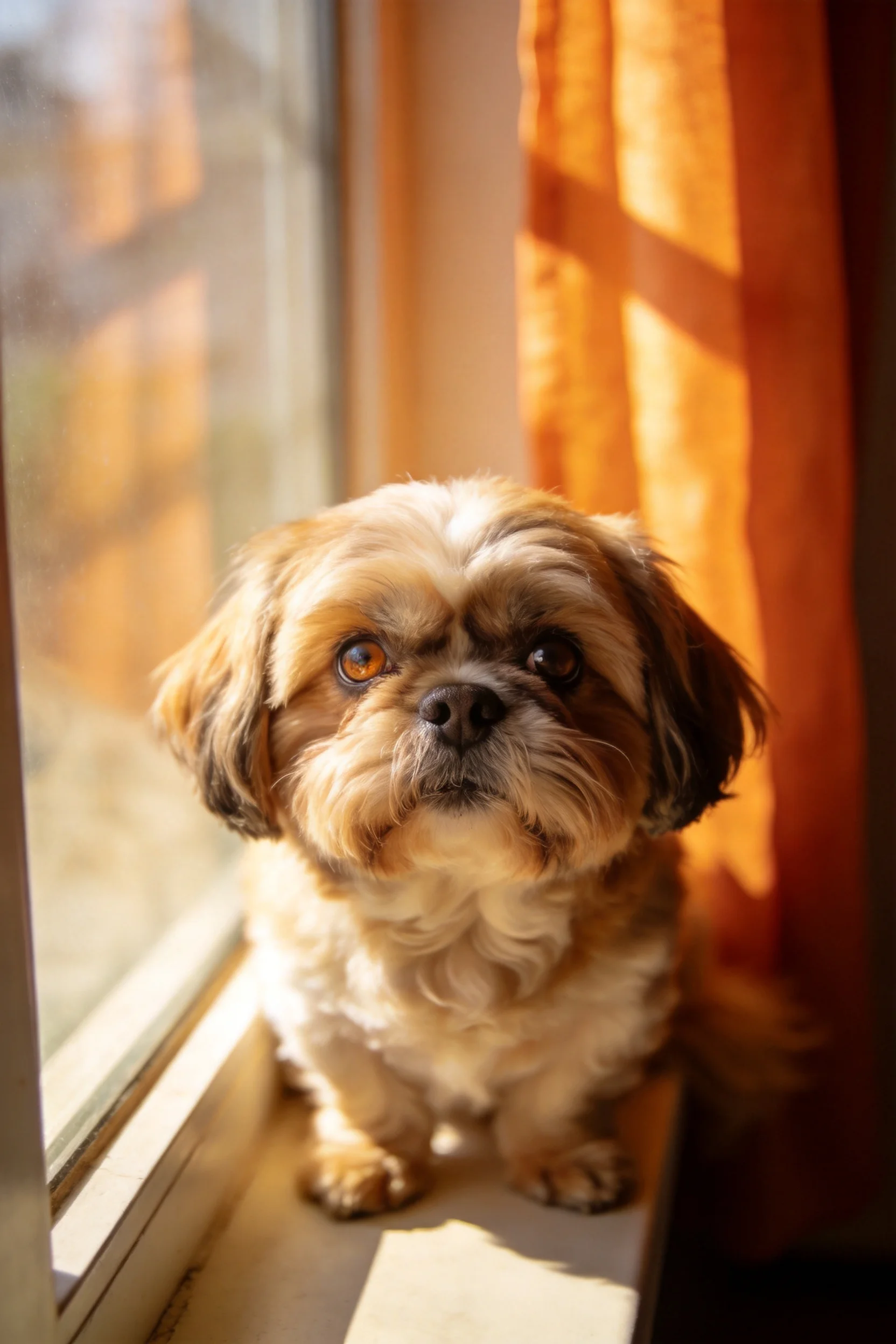一只棕白相间毛发的西施犬正安静地坐在窗台上,眼神专注。