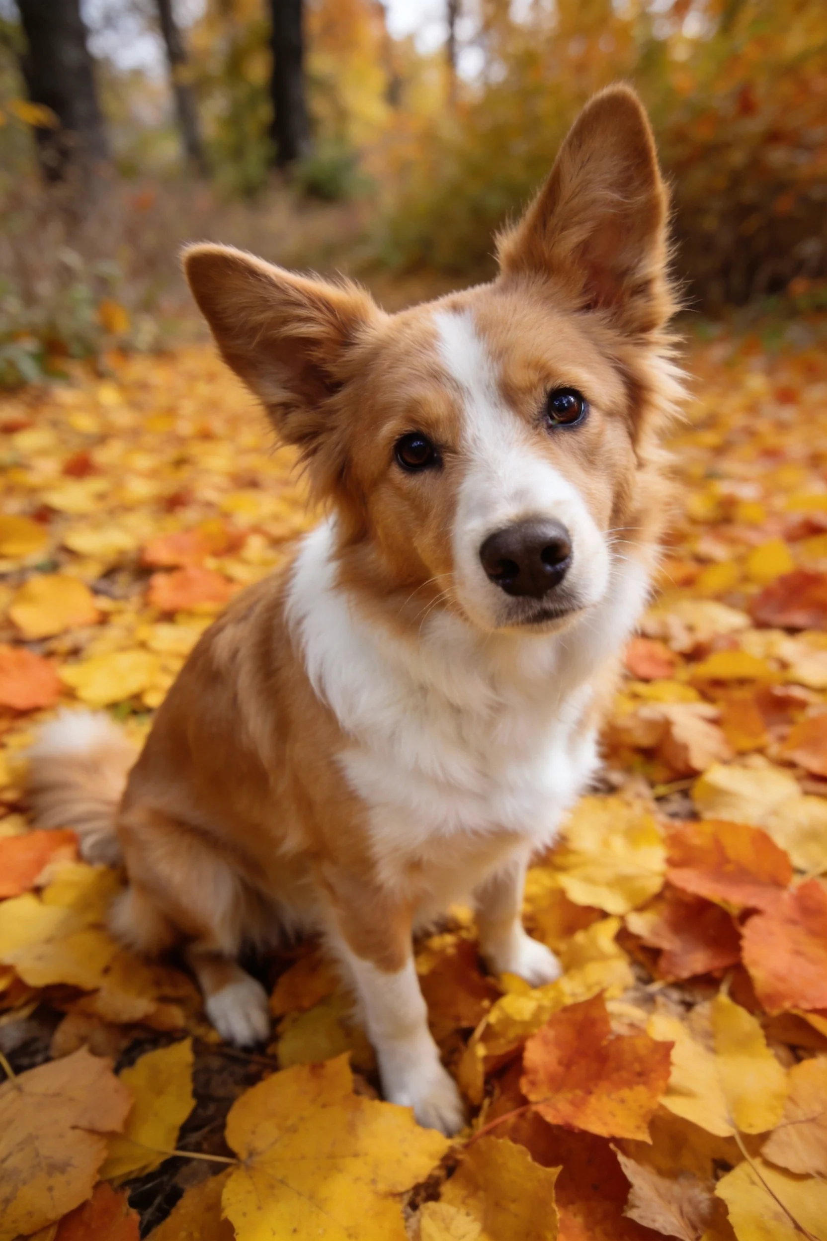 边境牧羊犬,浅棕白相间的被毛,安静注视镜头,周围散落着金黄色的落叶。
