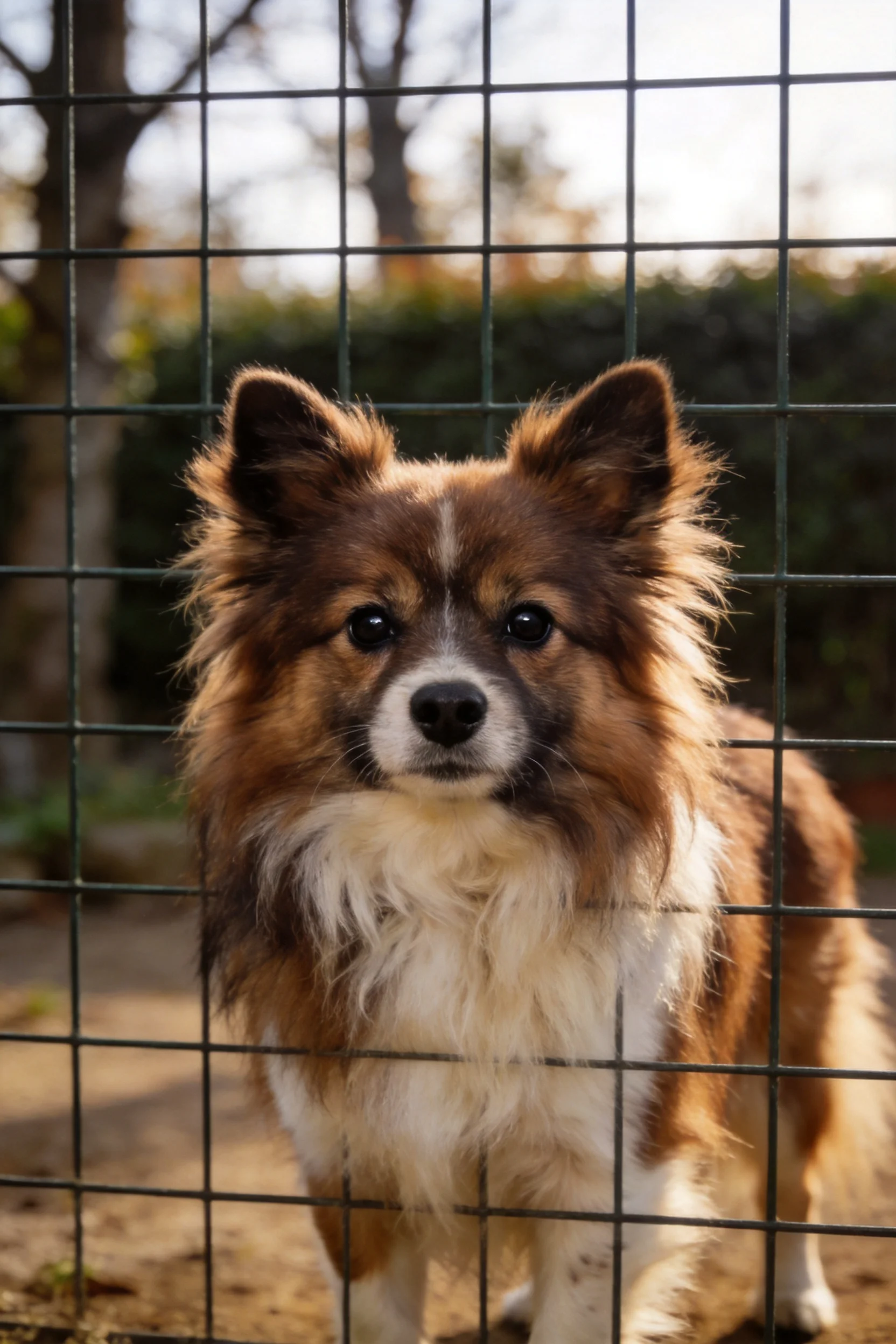 博美犬站在铁丝网前,棕白相间的浓密毛发清晰可见,眼神专注地凝视镜头。