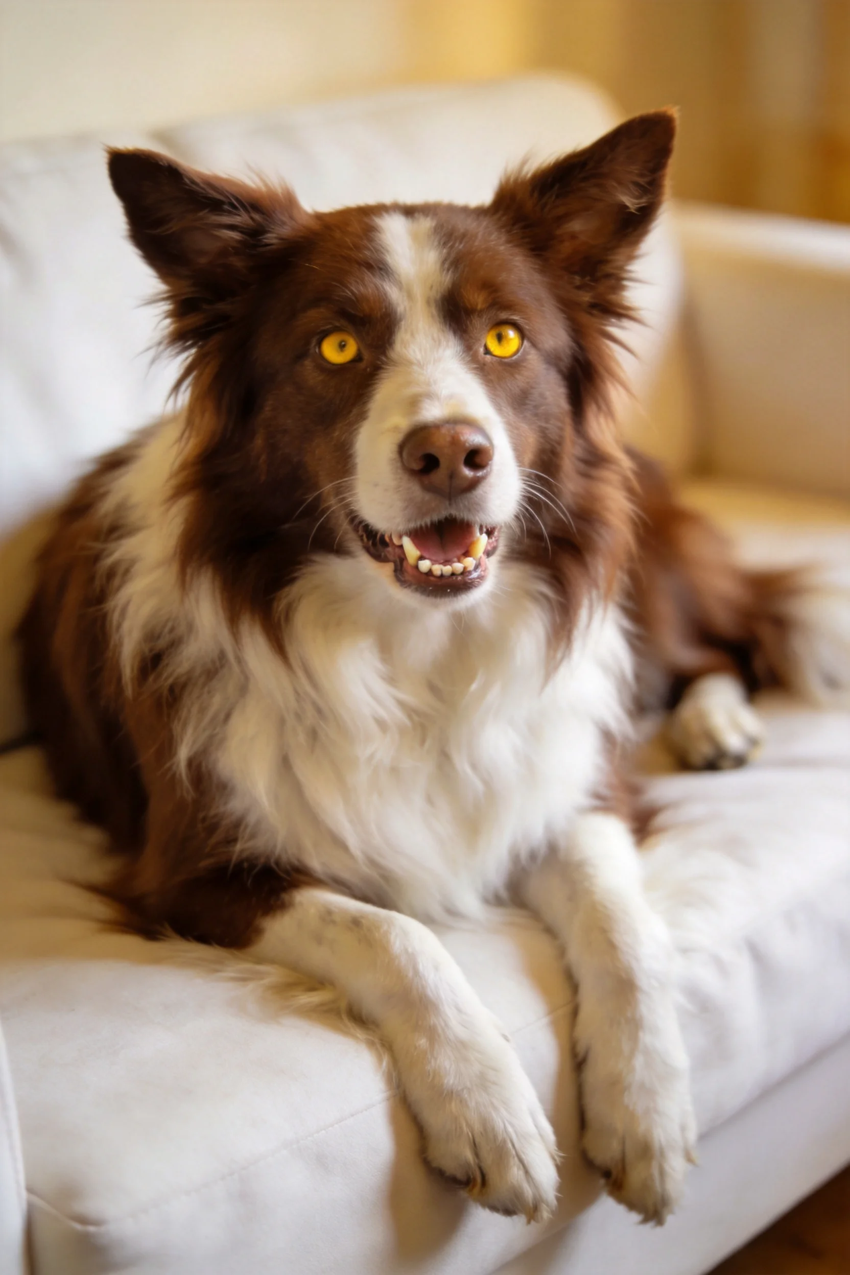 一只棕白相间的边境牧羊犬趴在浅色沙发上,露出黄色的眼睛和牙齿。