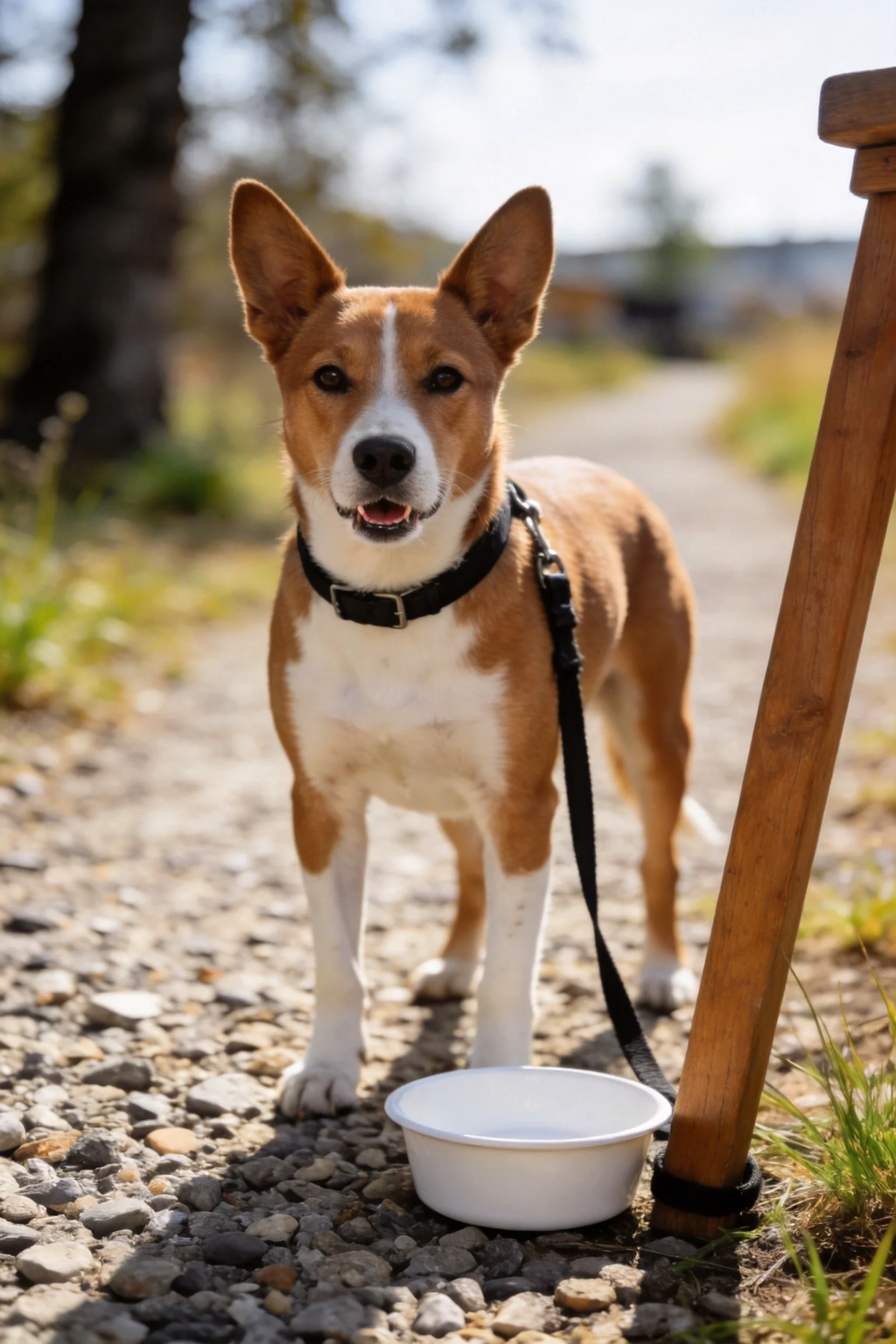 一只巴仙吉犬站在碎石路面上,身旁有白色食盆,耳朵竖立,眼神专注。