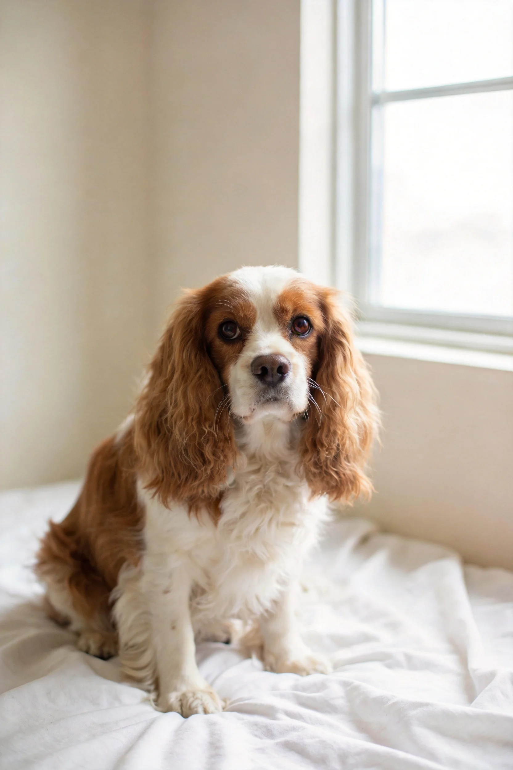 可卡犬安静地坐在近窗处,棕白相间的毛发柔软,眼神专注地看向前方。