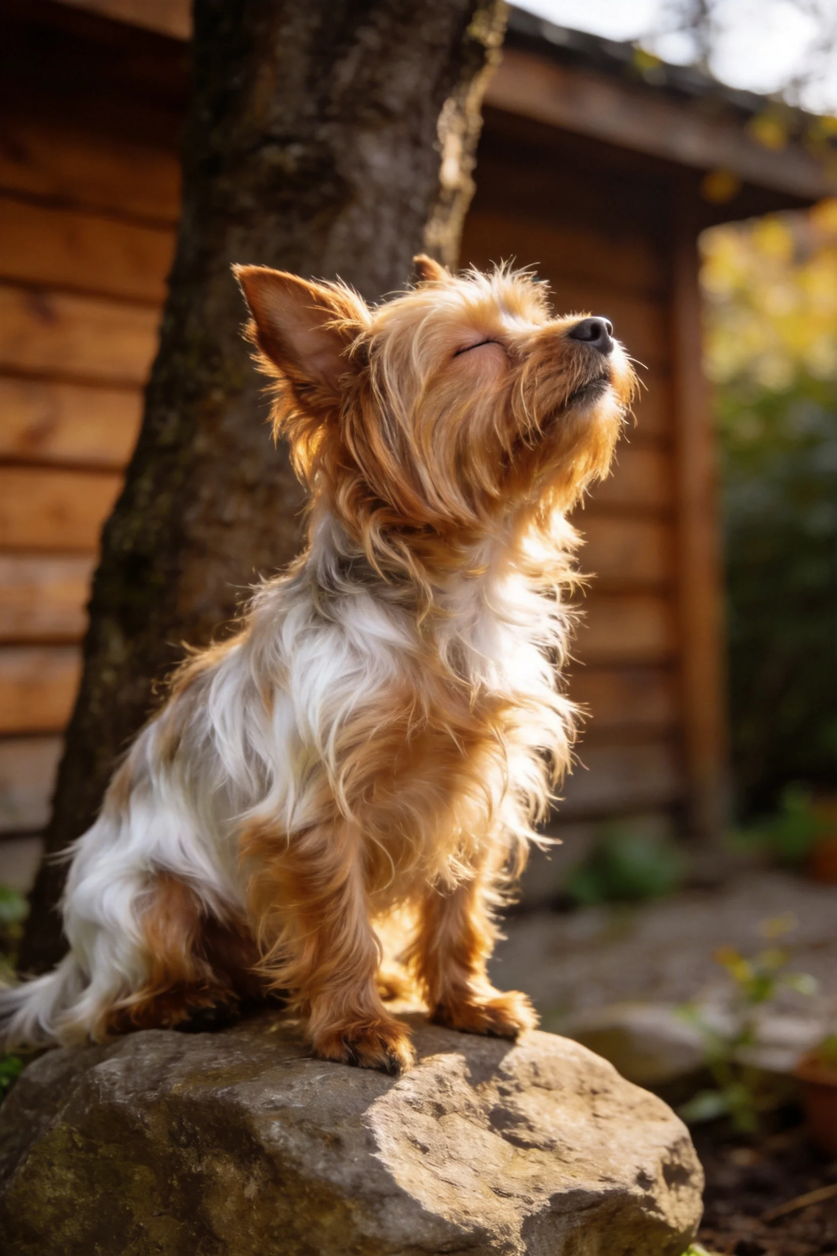 一只约克夏梗犬闭着眼沐浴在暖光之中,棕白相间的长毛在阳光下显得柔软顺滑。