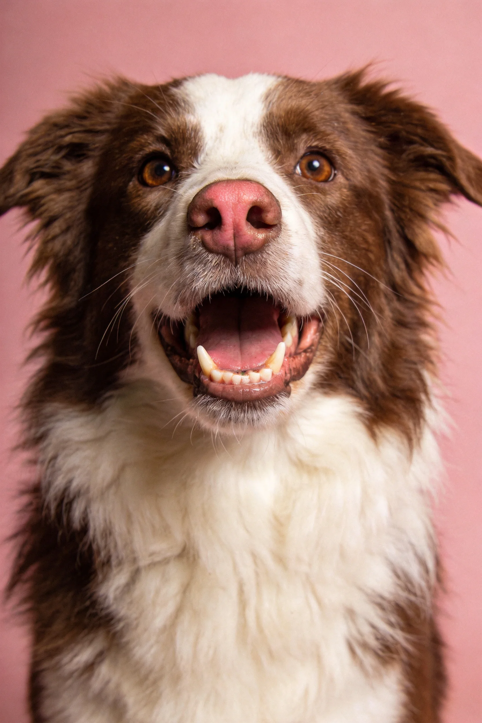 边境牧羊犬嘴巴张开露出洁白牙齿,棕白相间的毛发在粉色背景下显得格外醒目。