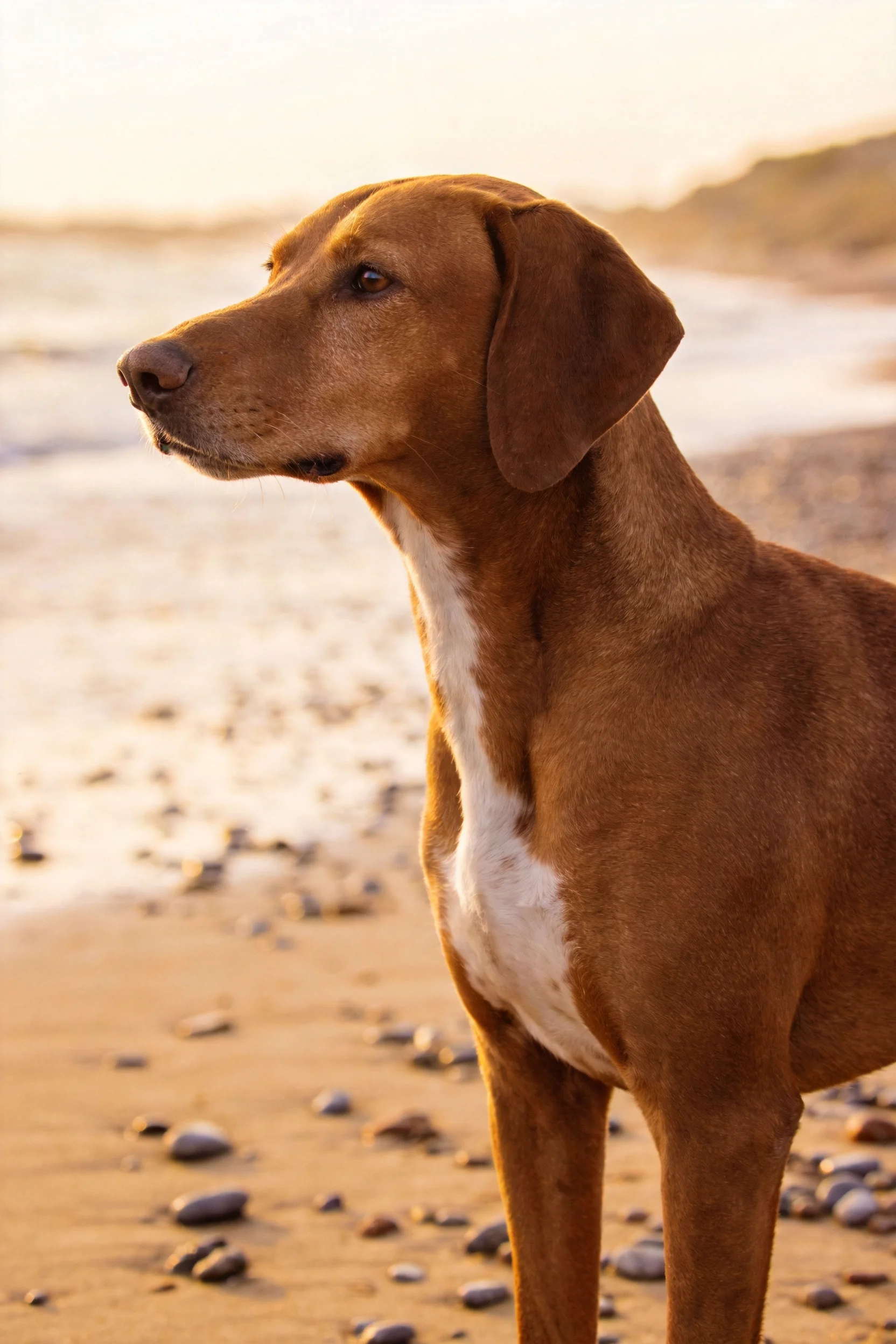 一只胸部有白色斑纹的指示猎犬正凝视着沙滩外的海水。