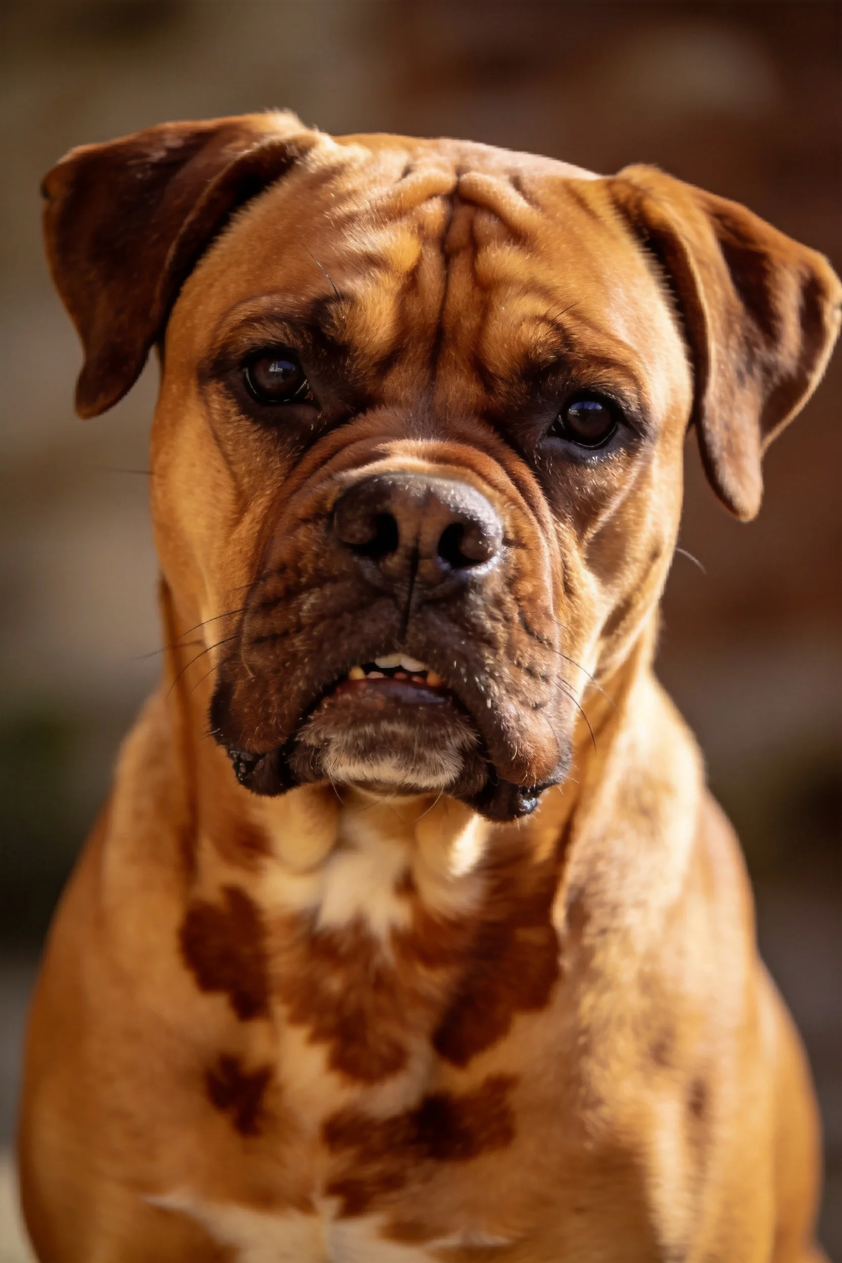 拳击犬面部特写呈现,深色鼻头与浅棕毛发形成对比,眼部明亮清澈。