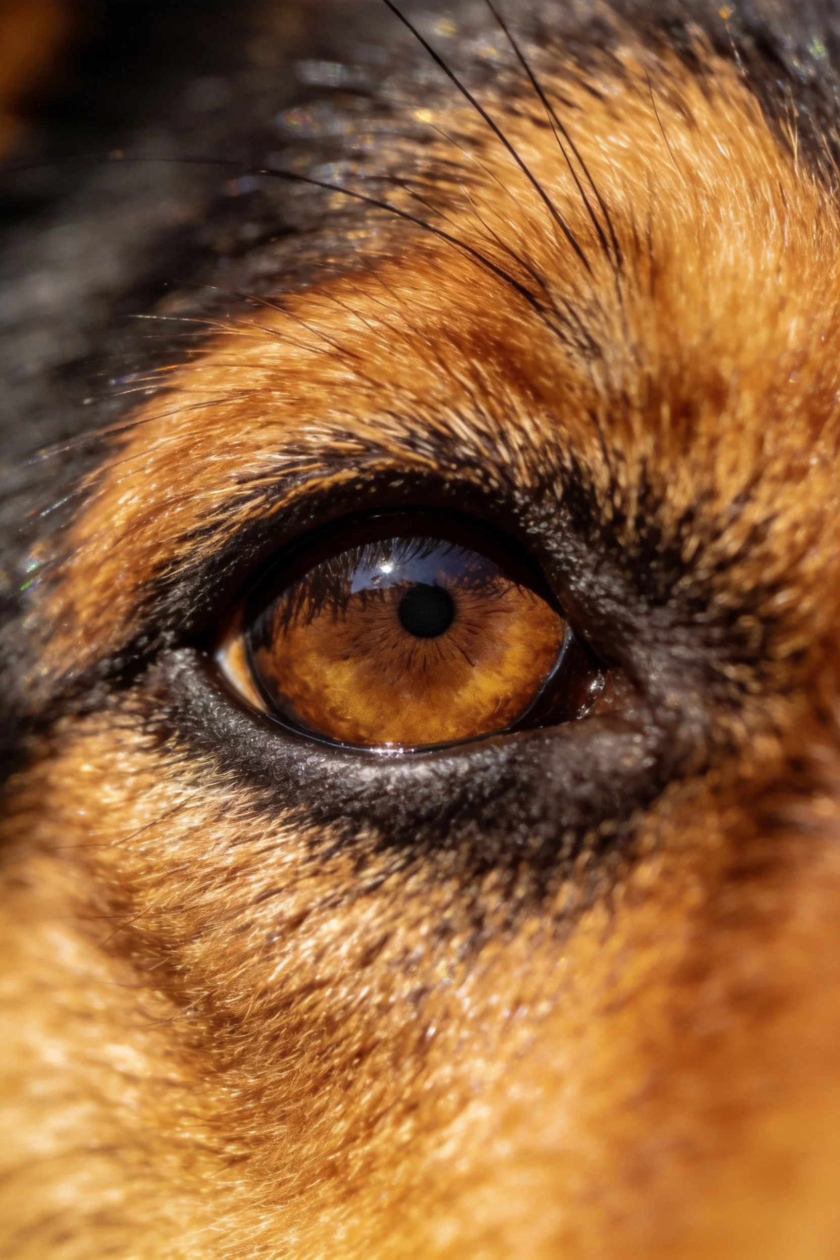 德国牧羊犬眼部特写,呈现出琥珀色瞳孔与浓密眼周毛发细节。