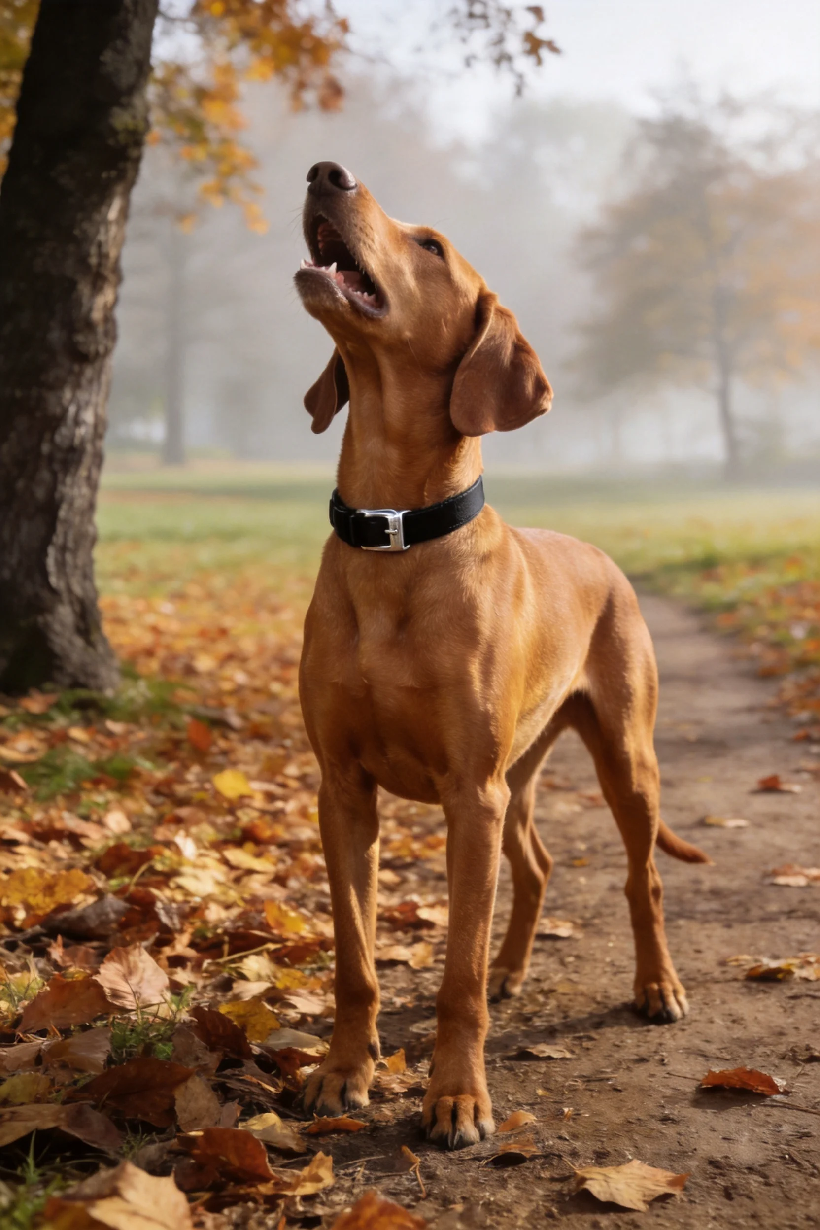 罗德西亚脊背犬抬头张嘴,红棕色短毛,佩戴黑色皮质项圈,处于秋季落叶小径场景中。