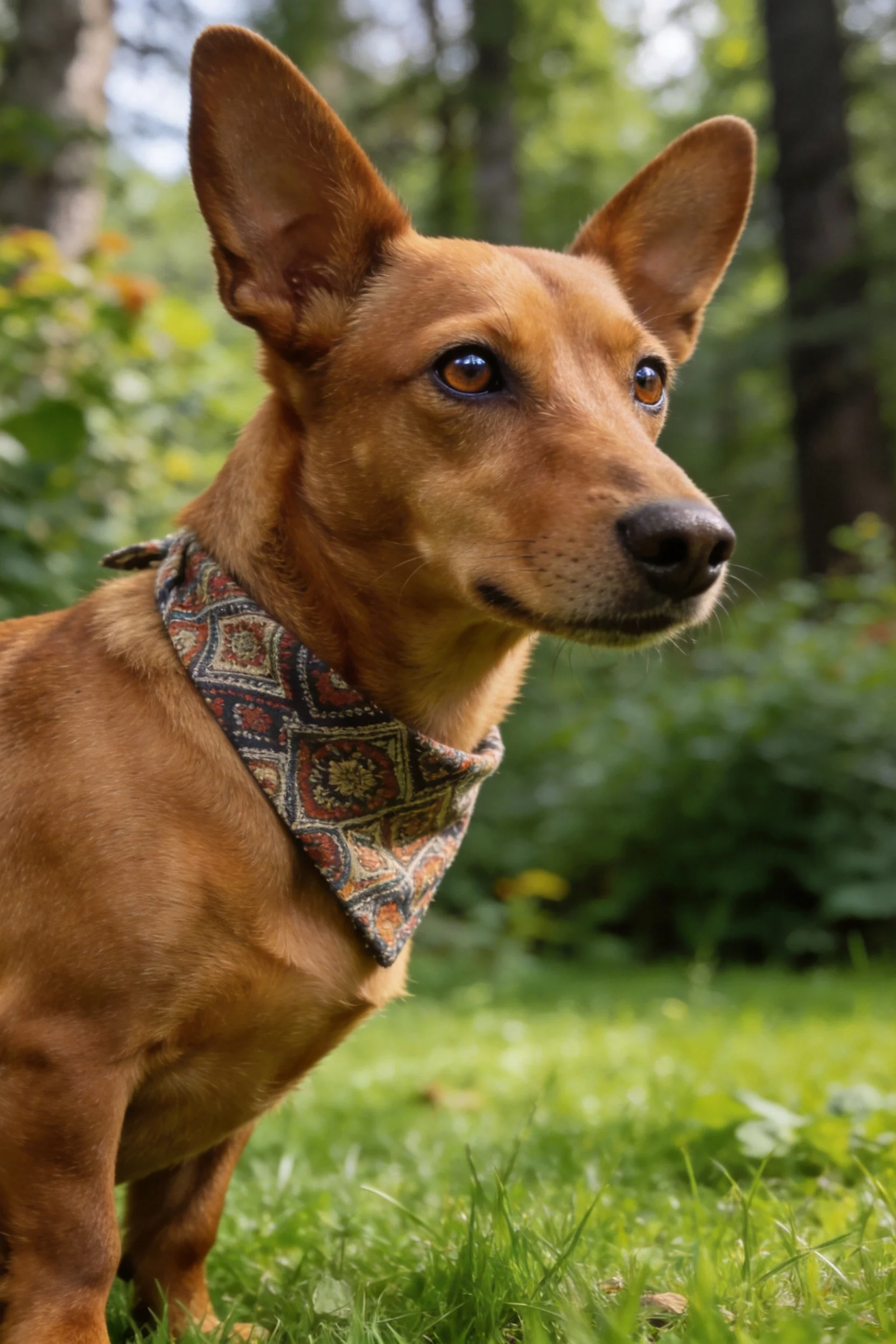 一只红棕色的小型短毛猎犬,脖颈处系有花纹布巾,耳朵竖立,目光看向远方。