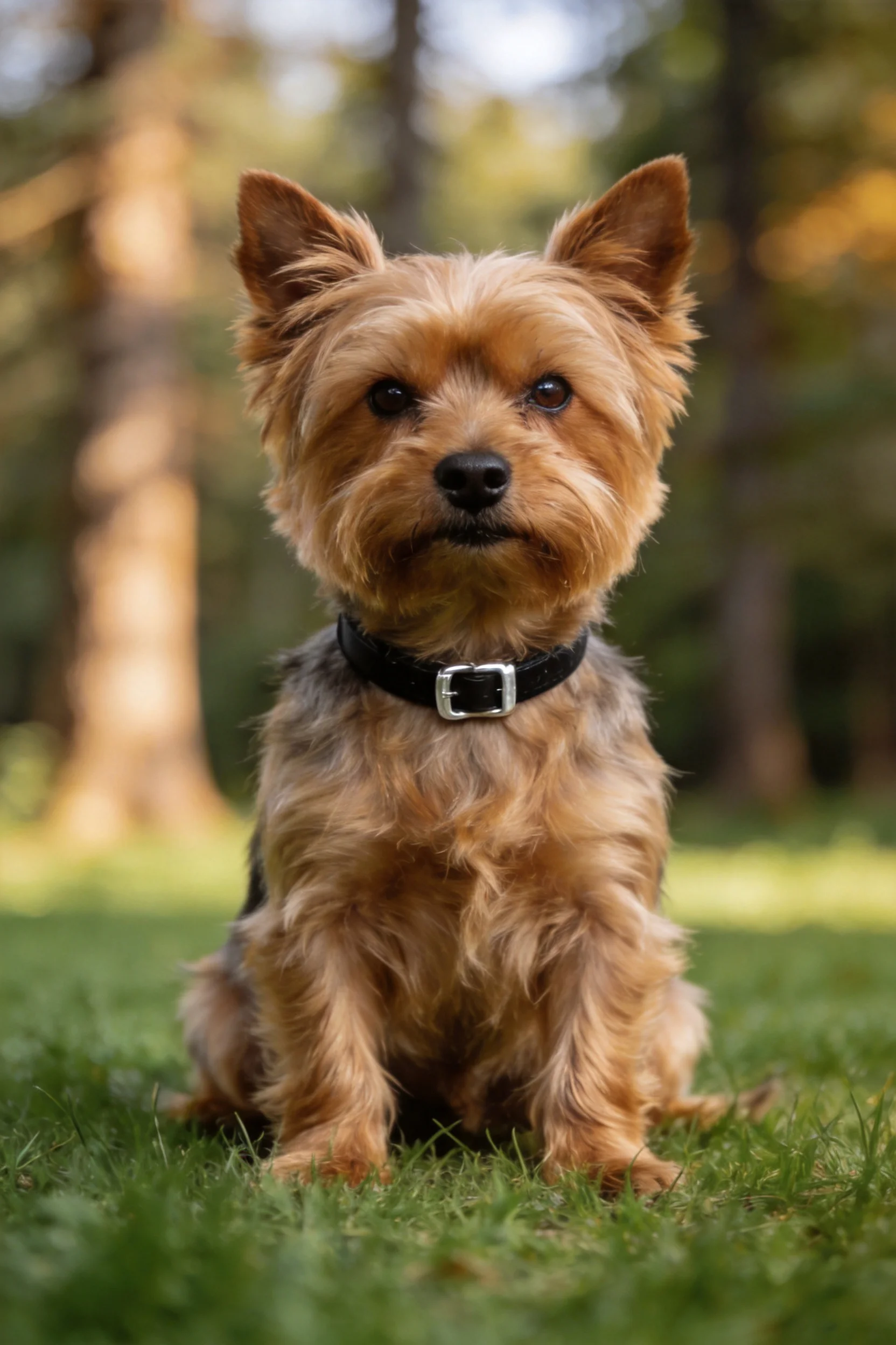 约克夏梗犬安静坐在林间草地上,浅棕与深灰相间的被毛清晰可见。