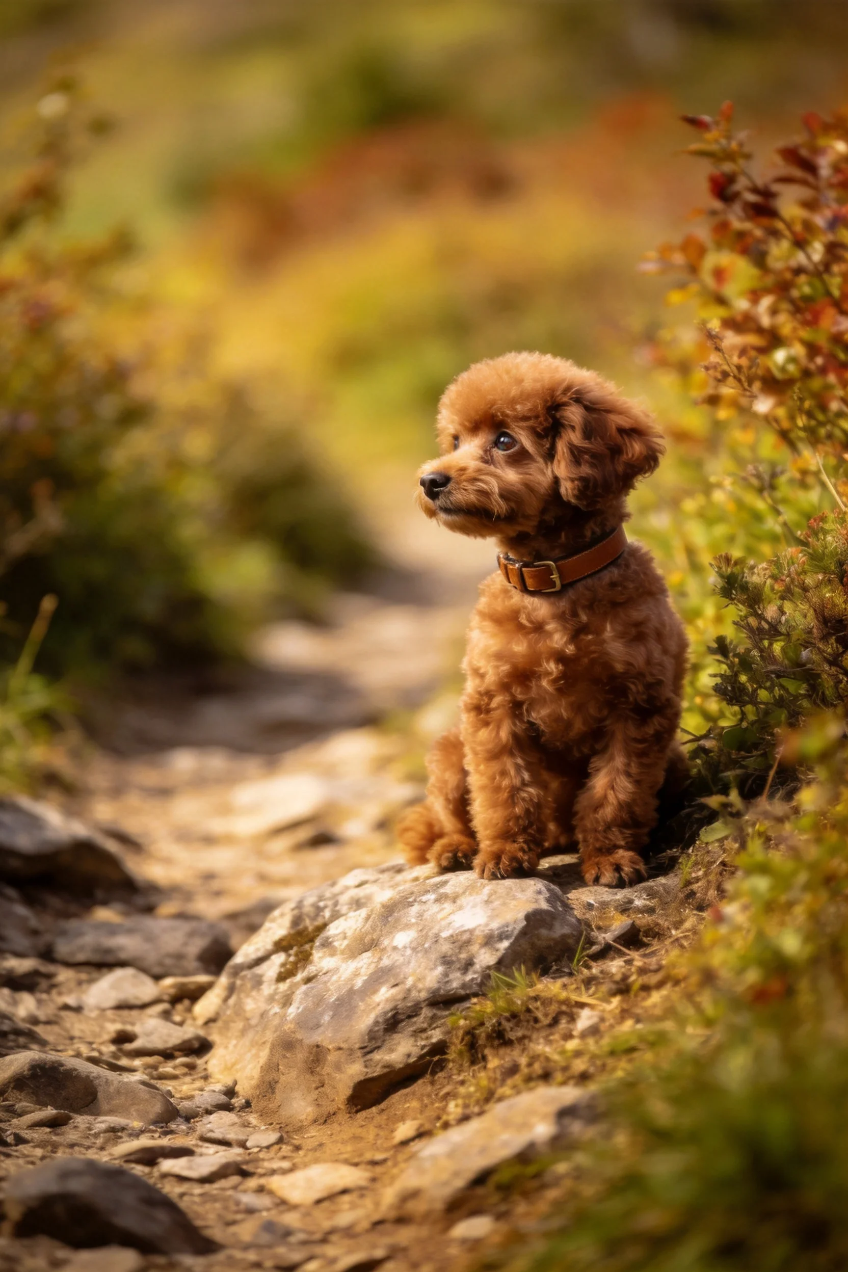 红棕色迷你贵宾犬安静地坐在岩石上,卷曲毛发清晰可见,眼神专注看向远方。