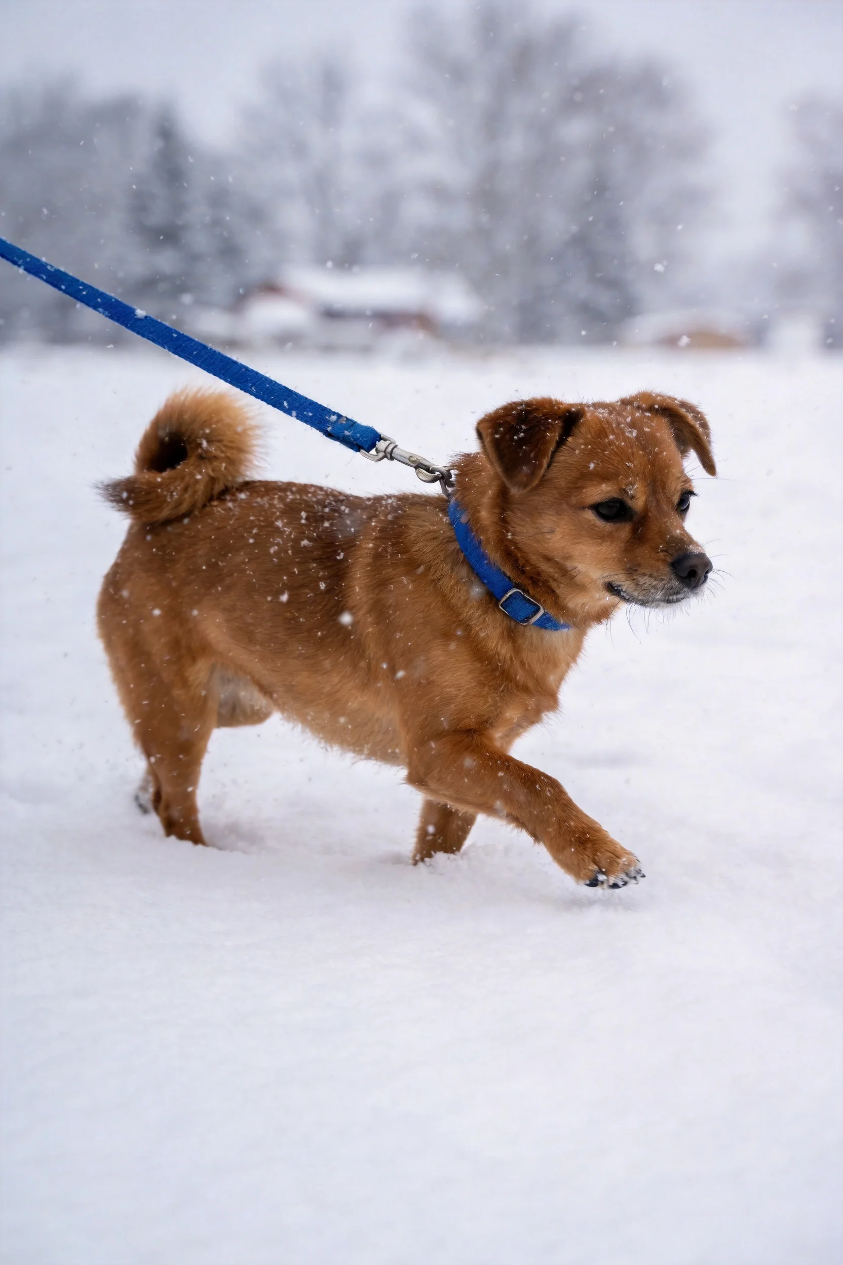 一只暖棕色的小型混种犬在雪地中行走,前爪沾有积雪,佩戴蓝色牵引绳。