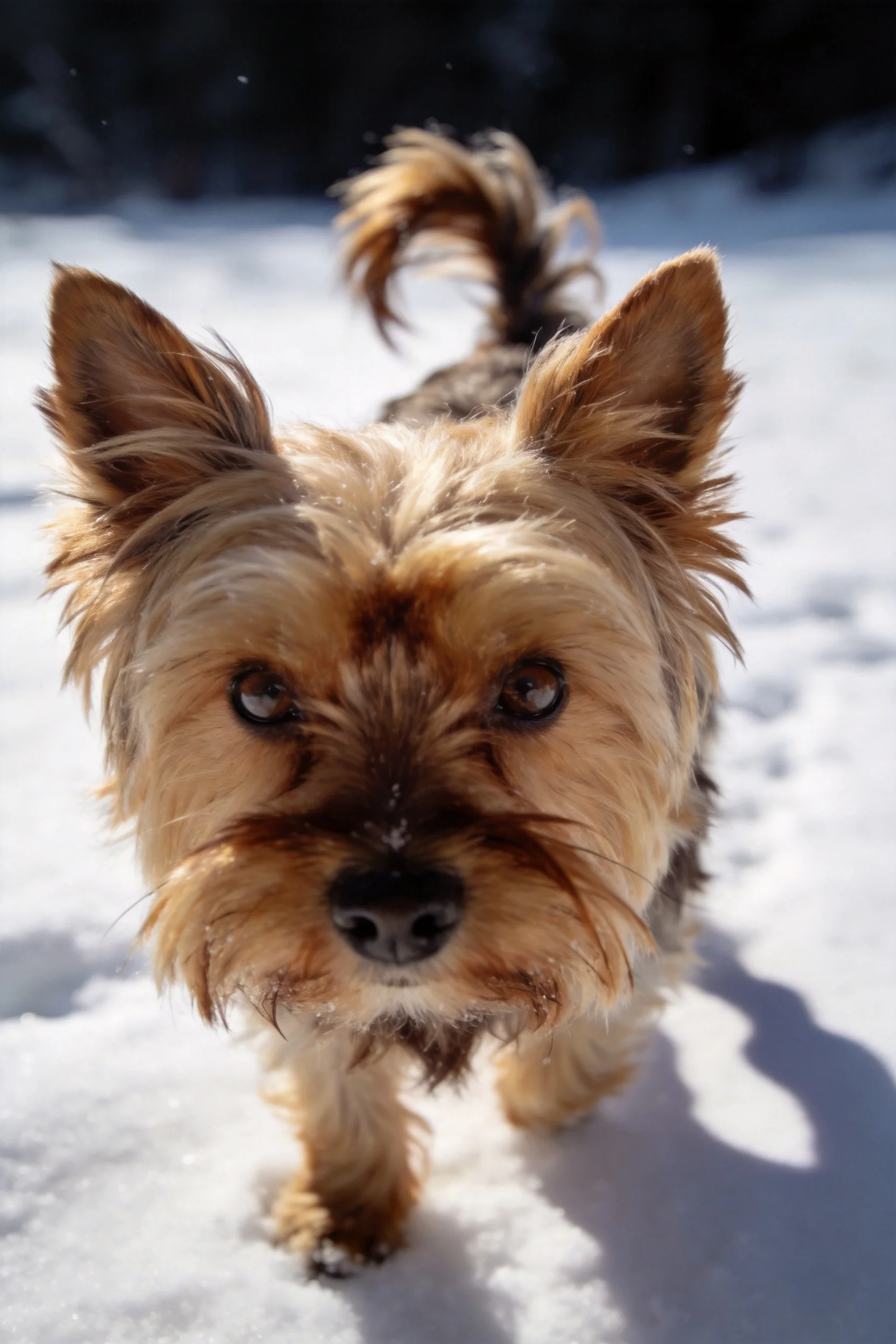 约克夏梗犬站在雪地上,浅棕色毛发带有深色斑纹,耳朵竖起,眼神专注。