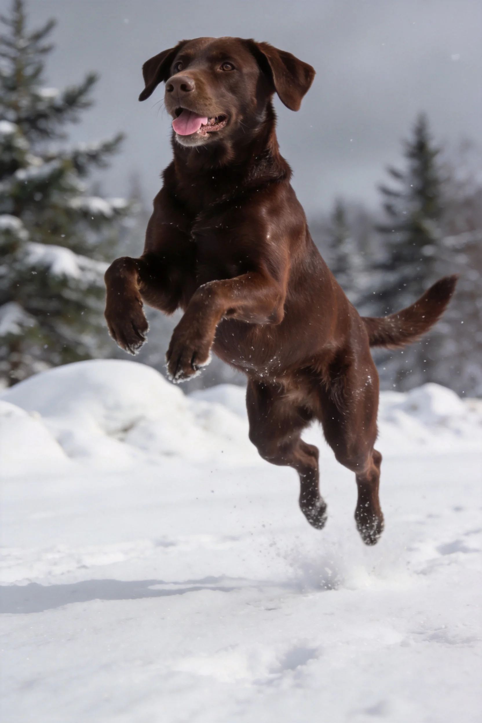 巧克力拉布拉多犬腾空跃起，深棕色皮毛在雪地背景下清晰可见，四肢伸展姿态舒展，嘴巴张开露出粉色舌头。