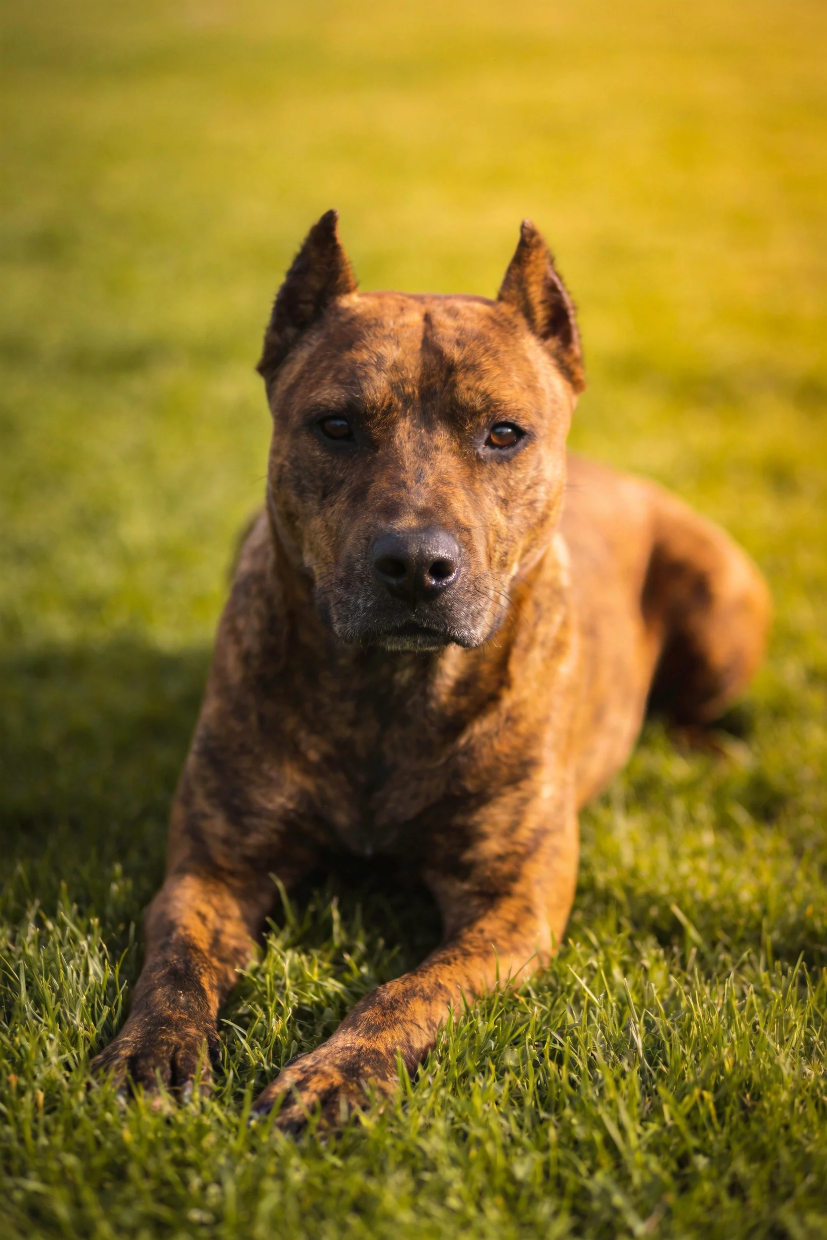 一只棕褐相间的猛犬趴卧在草地上,皮毛呈现出独特的斑纹纹理,眼神专注注视前方。