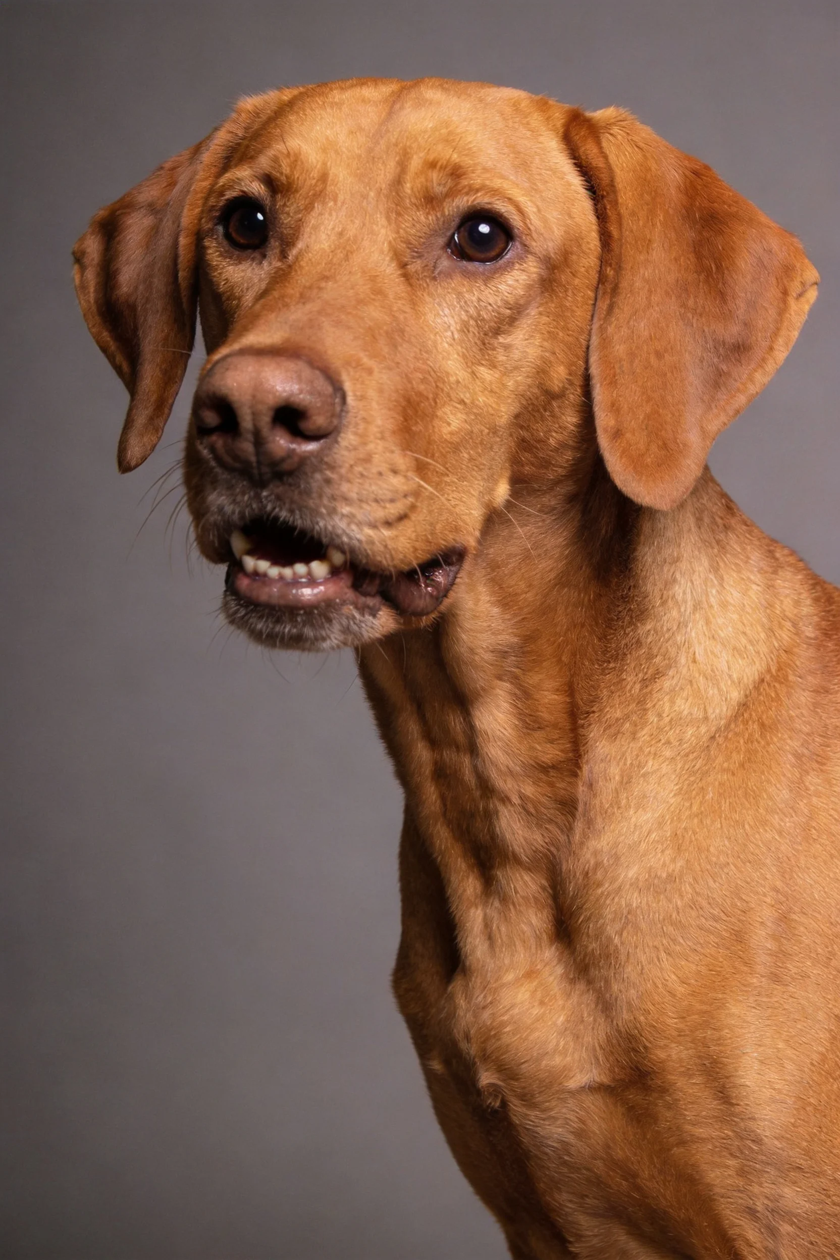 罗德西亚脊背犬面部特写,红棕色短毛顺滑,眼神温和,嘴巴微张露出牙齿。