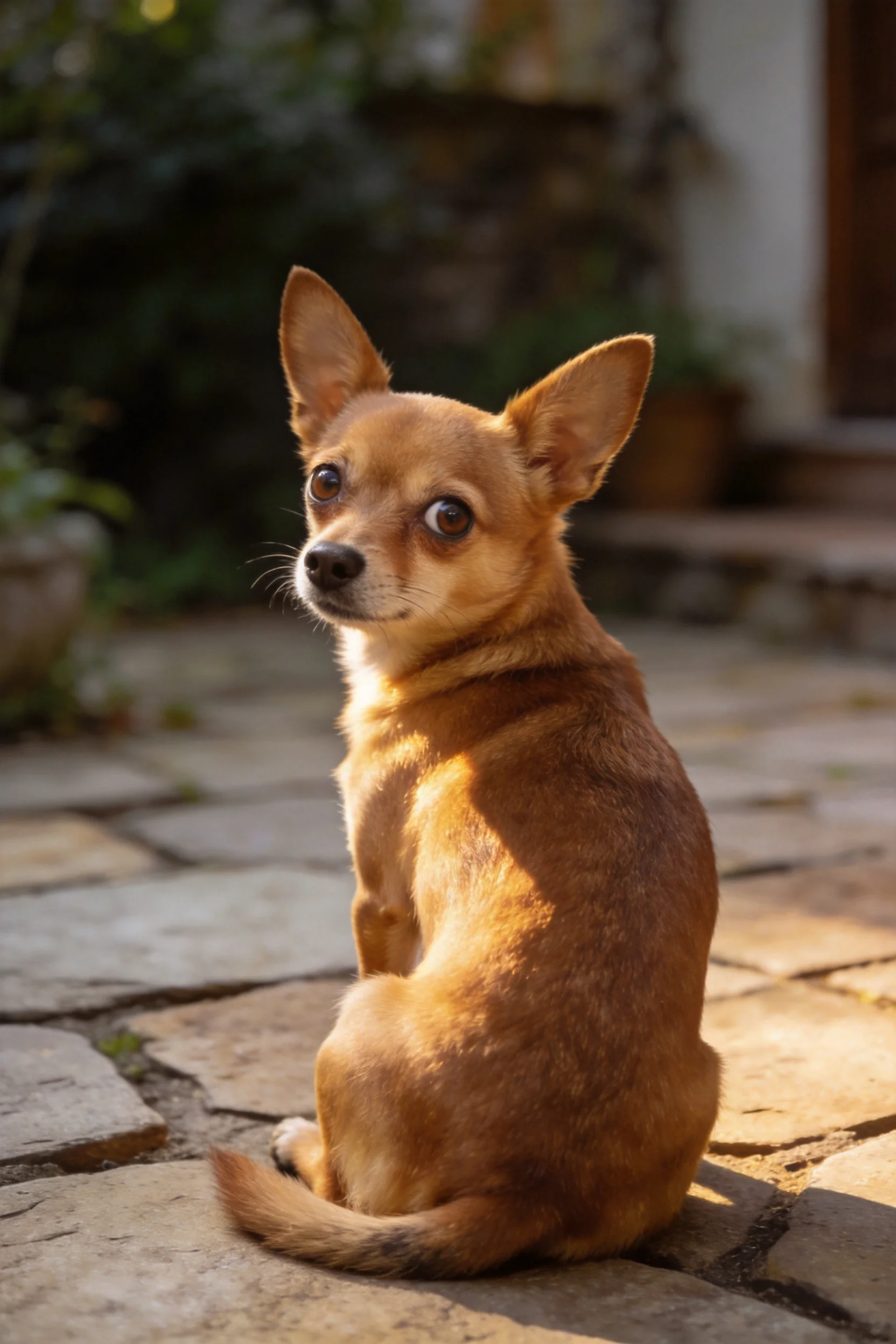 小型梗犬目光专注看向镜头,浅棕色皮毛在阳光下清晰可见,耳朵竖立姿态警觉。