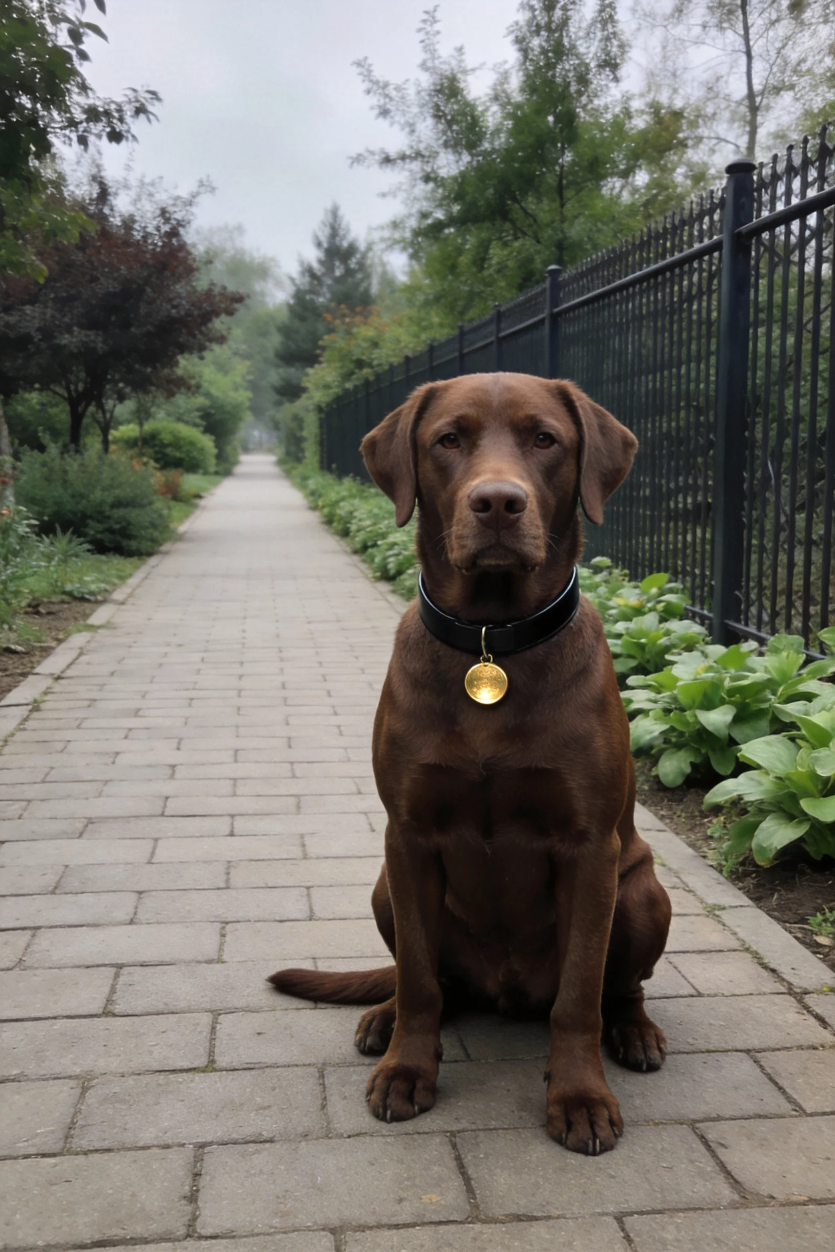 巧克力拉布拉多犬安静坐着,佩戴黑色项圈带有金色身份牌,周围是的园林环境。