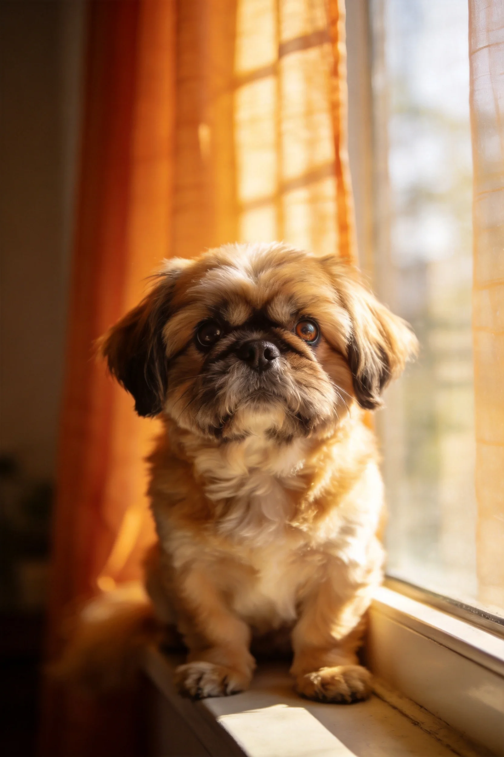 北京犬安静地坐在窗台上,蓬松的浅棕色毛发在暖光下显得柔软,圆圆的眼睛注视着前方。