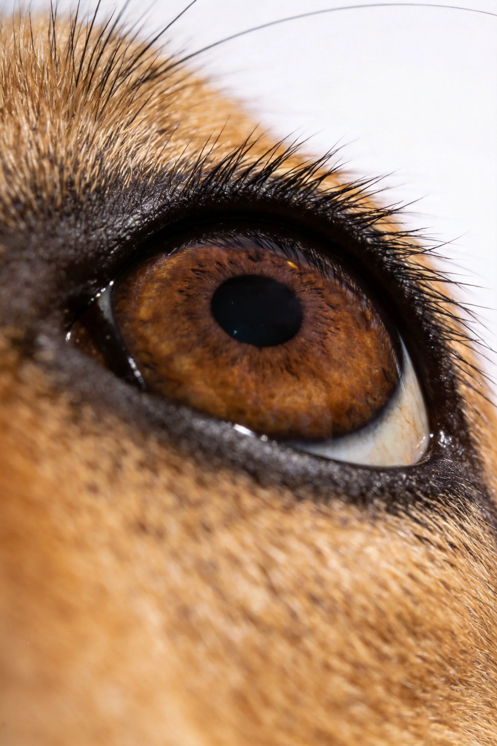 德国牧羊犬的眼睛特写,琥珀色虹膜搭配乌黑瞳孔,周围浓密深褐色睫毛清晰可见。