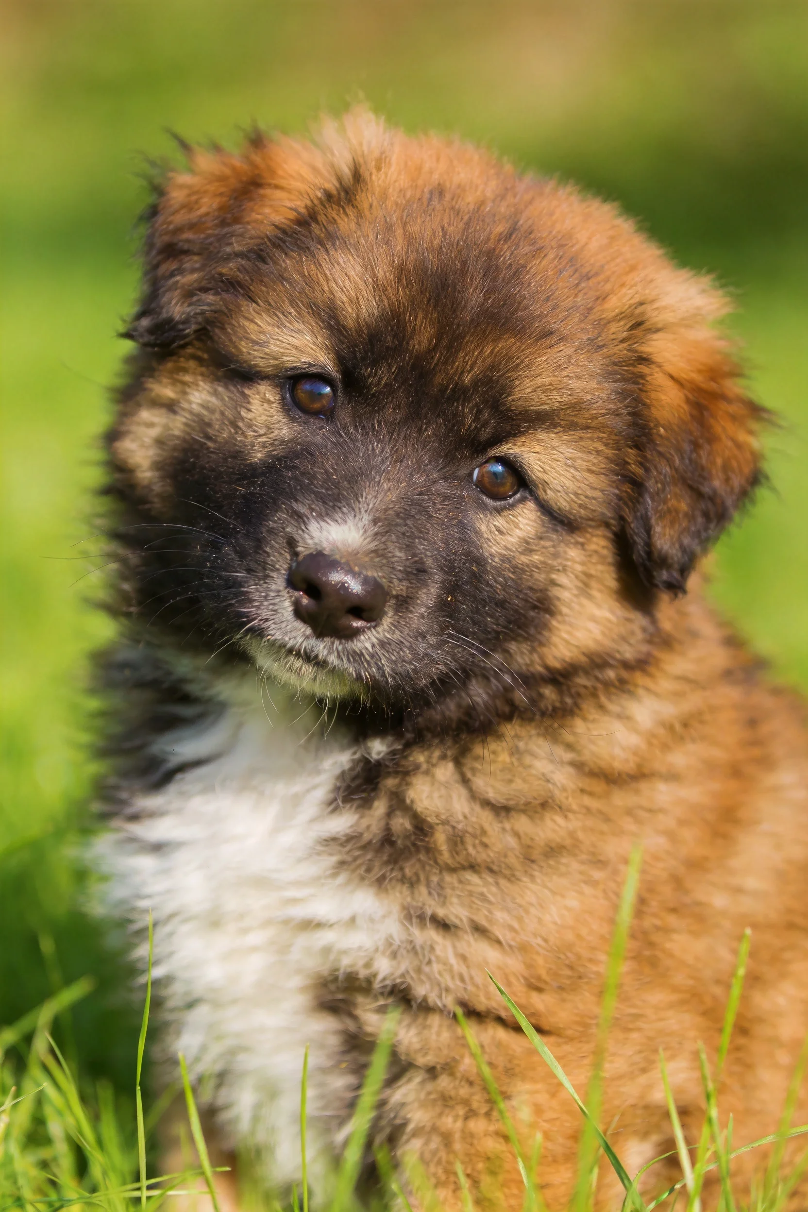 混种幼犬有着棕黑相间的蓬松毛发,胸口处的白色绒毛十分明显。