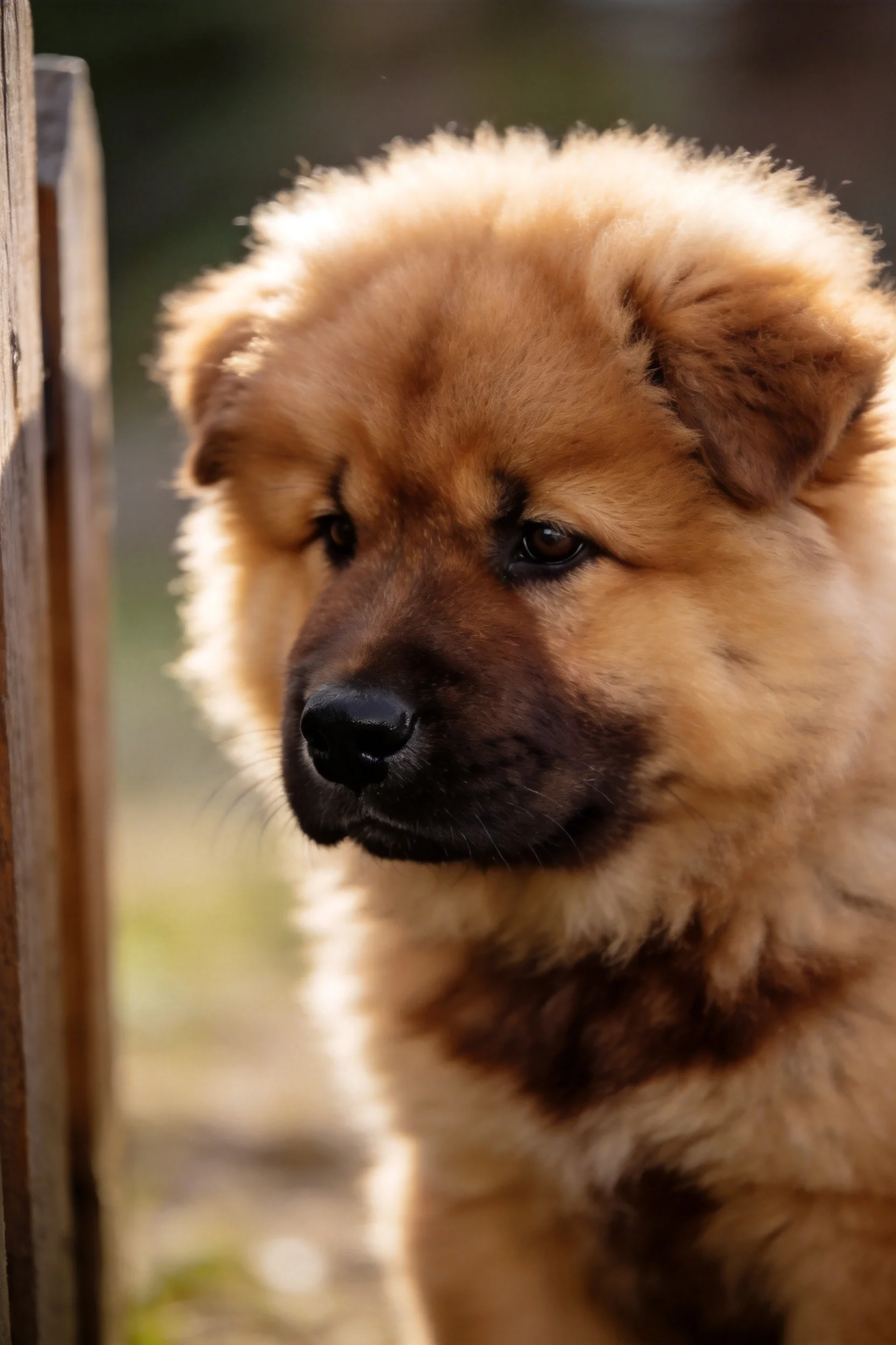 一只中华獒犬幼崽,金棕色蓬松毛发,正安静地处于木栅旁位置。