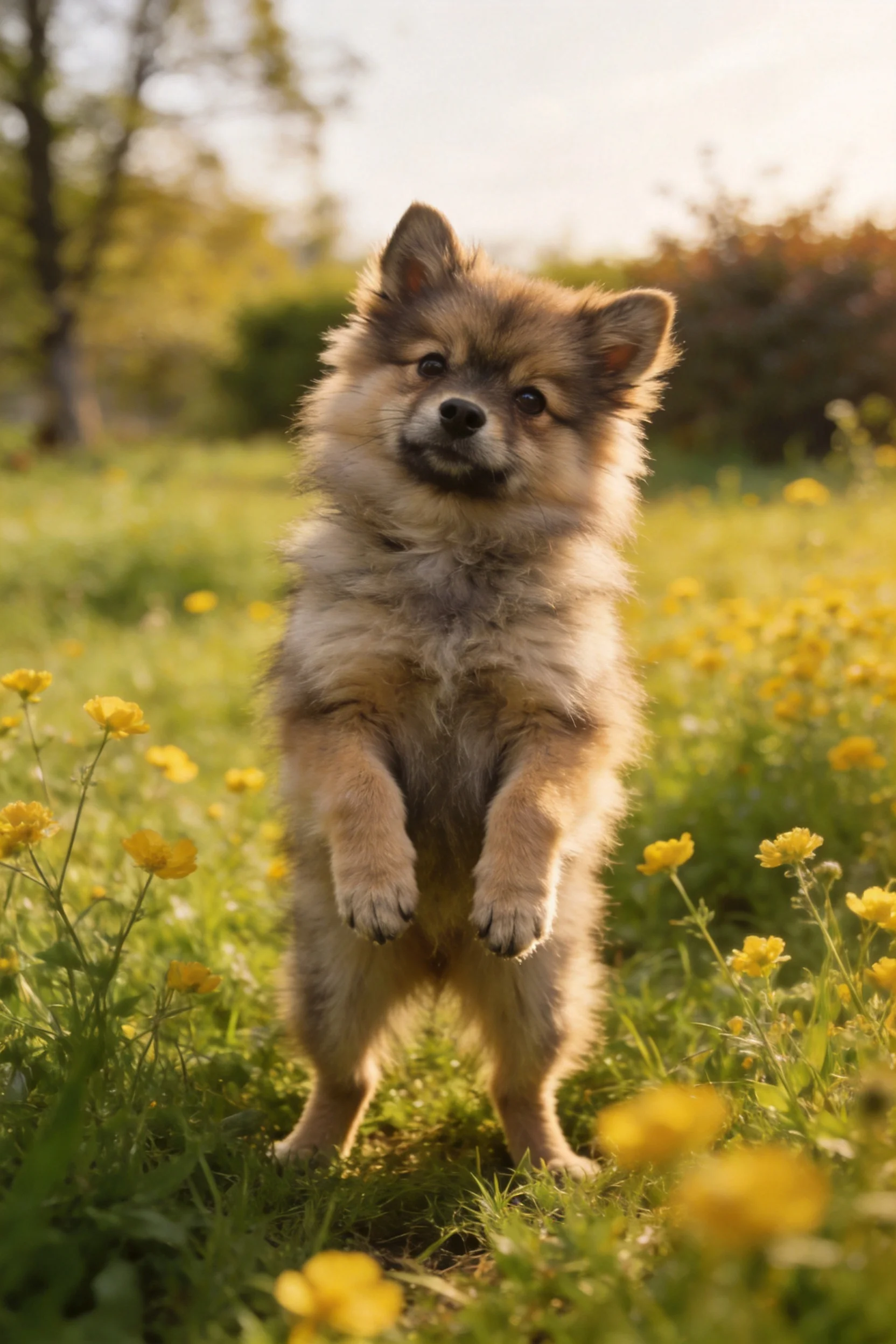 一只浅棕色毛发的博美幼犬站立在花草草地上,前爪抬起靠近胸部位置。