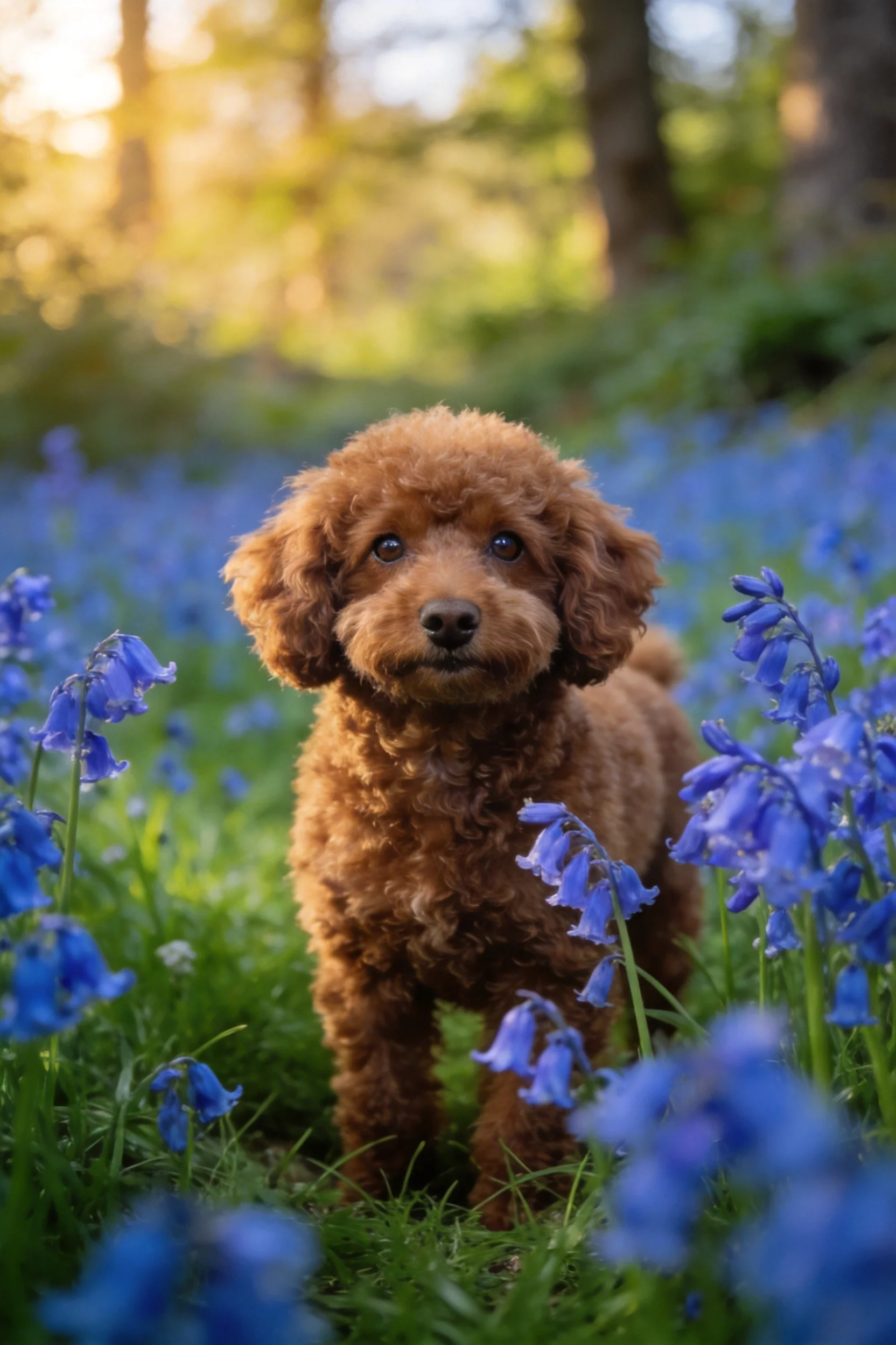 卷毛贵宾犬站在蓝紫色铃兰花丛中,红棕色卷曲毛发与周围花卉形成鲜明对比,眼神专注注视前方。