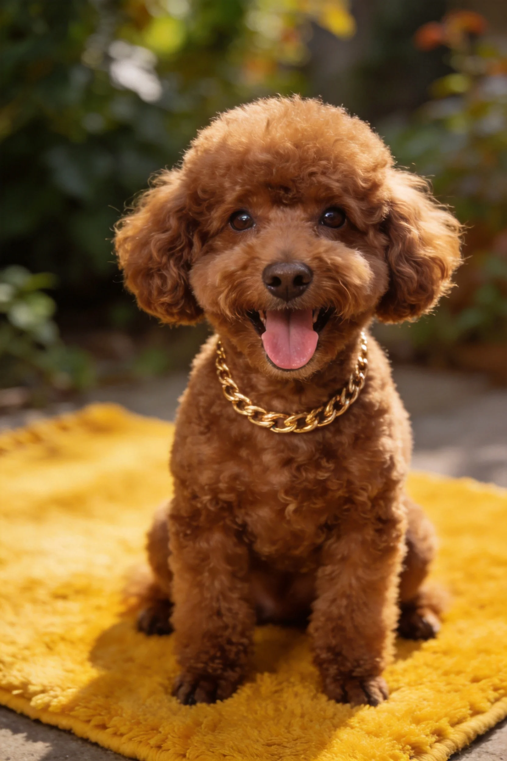 一只棕色卷毛的贵宾犬坐在金色链条坐在黄色地毯上,表情愉悦。