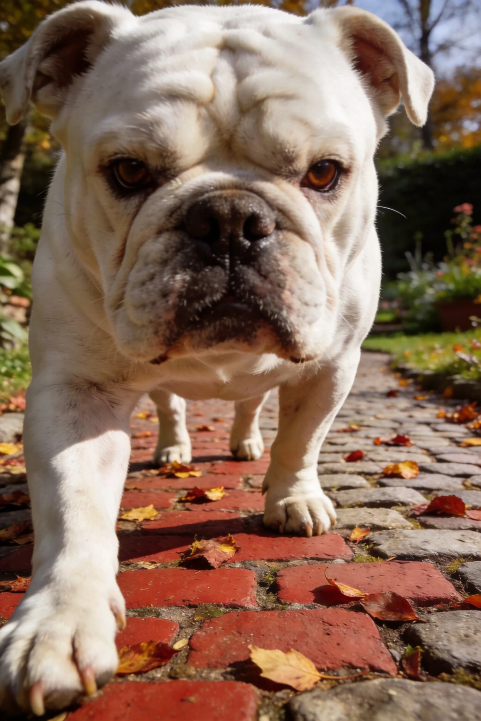 英国斗牛犬低头凝视前方,白色的毛发与周围的红砖小径形成对比,面部褶皱清晰可见。