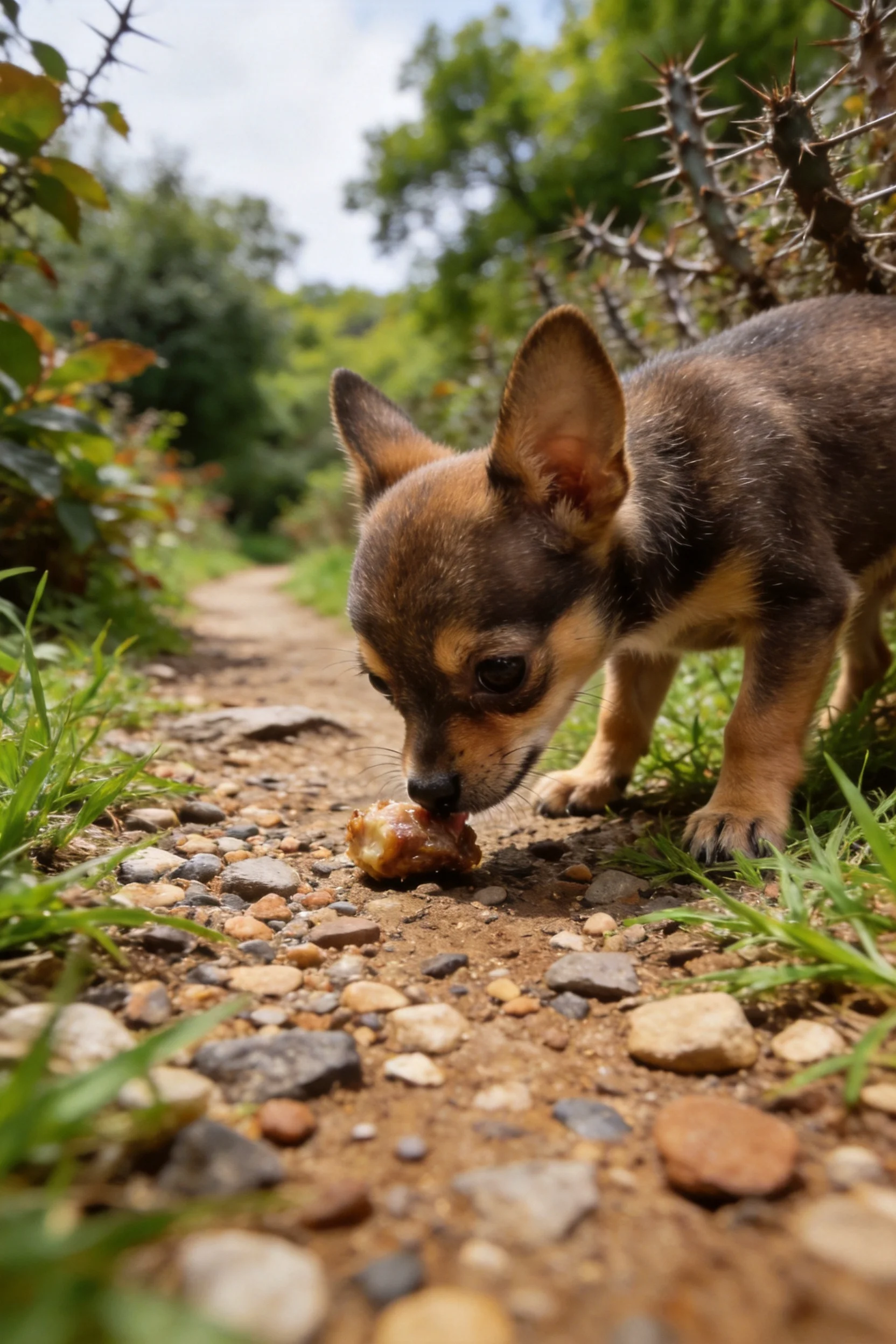 黑棕相间的吉娃娃犬正低头用鼻尖触碰地面食物,短毛柔软且短而浓密。